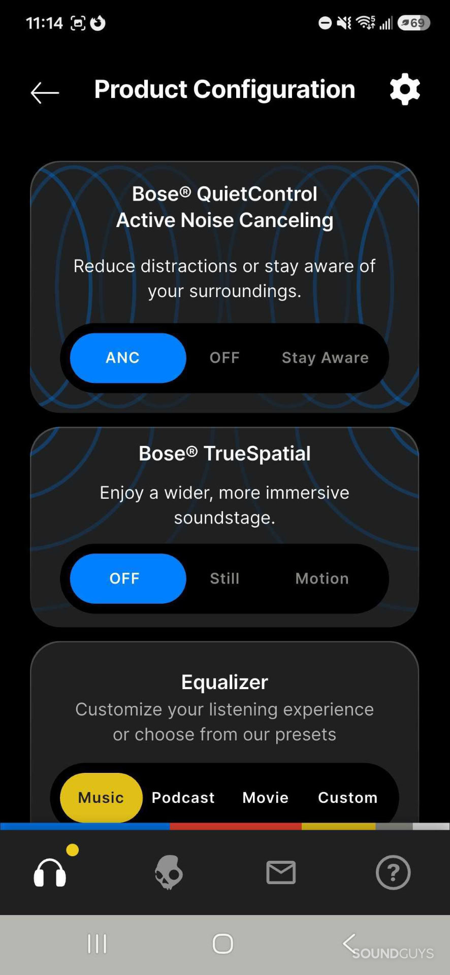 A screenshot of the Skullcandy app showing basic controls cards.