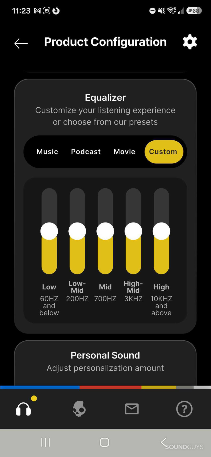 A screenshot of the Skullcandy app showing the custom EQ function.