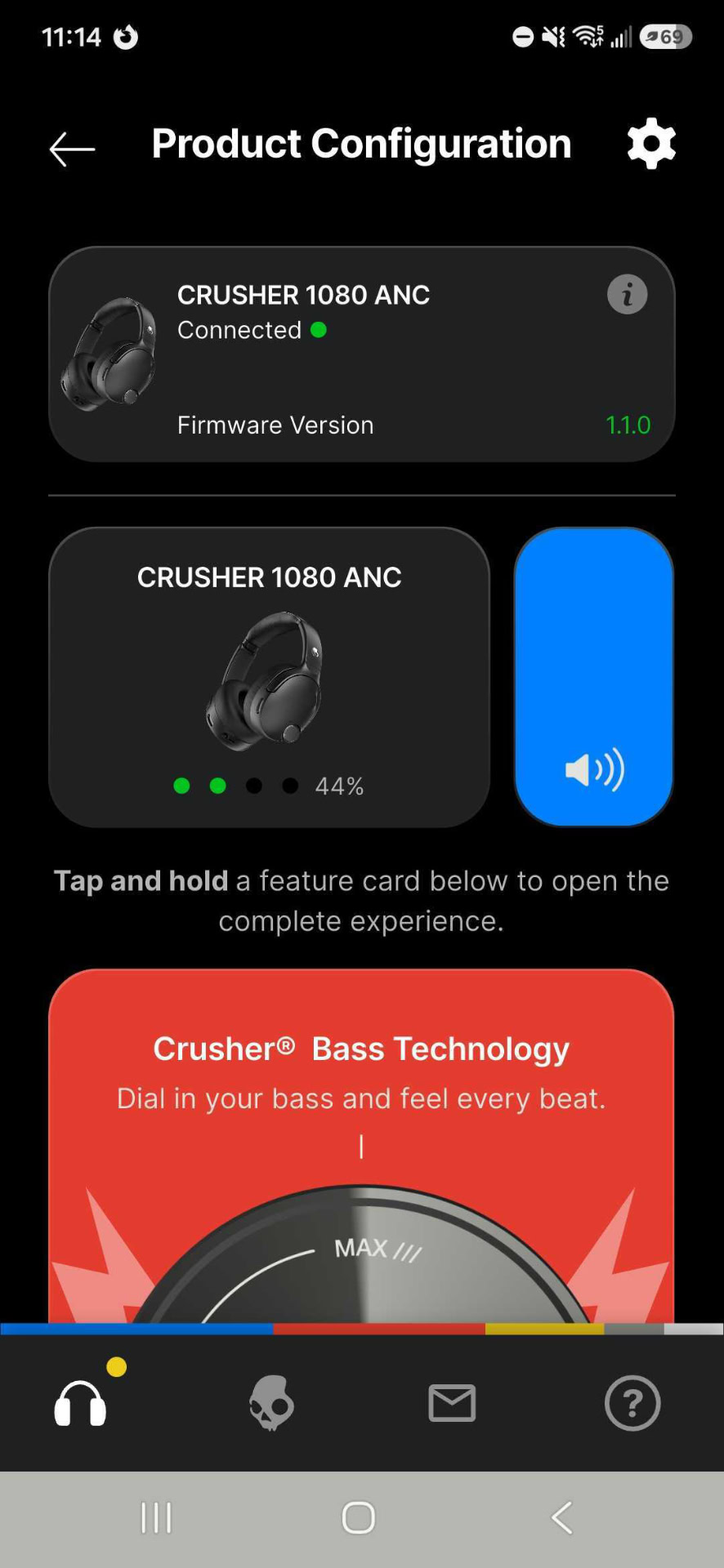 A screenshot of the Skullcandy app showing the main screen of the Skullcandy app.
