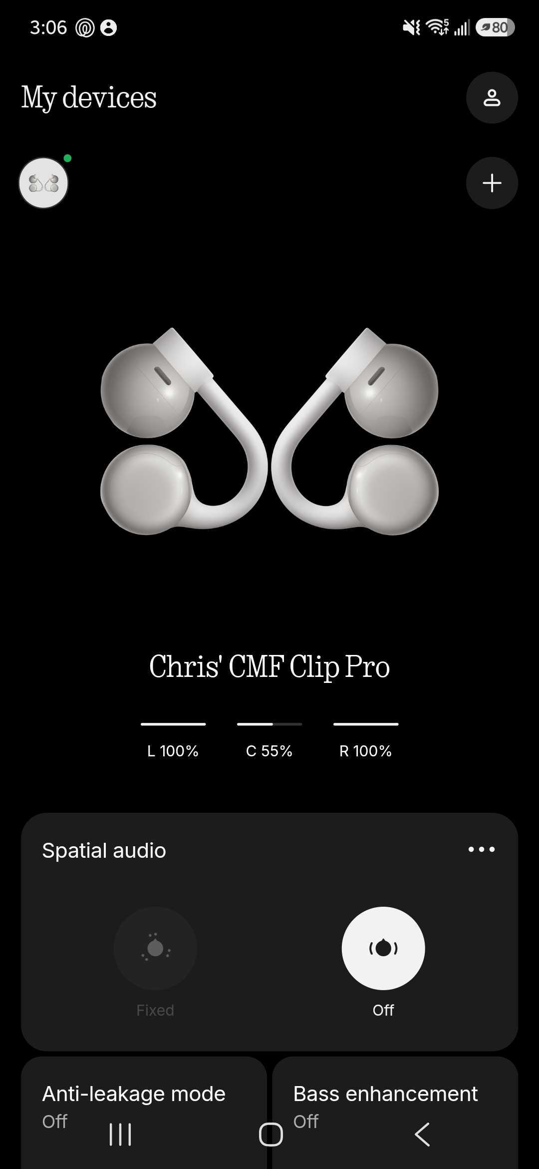 CMF app home screen showing Clip Pro battery levels and controls for spatial audio, anti-leakage mode, and bass enhancement.