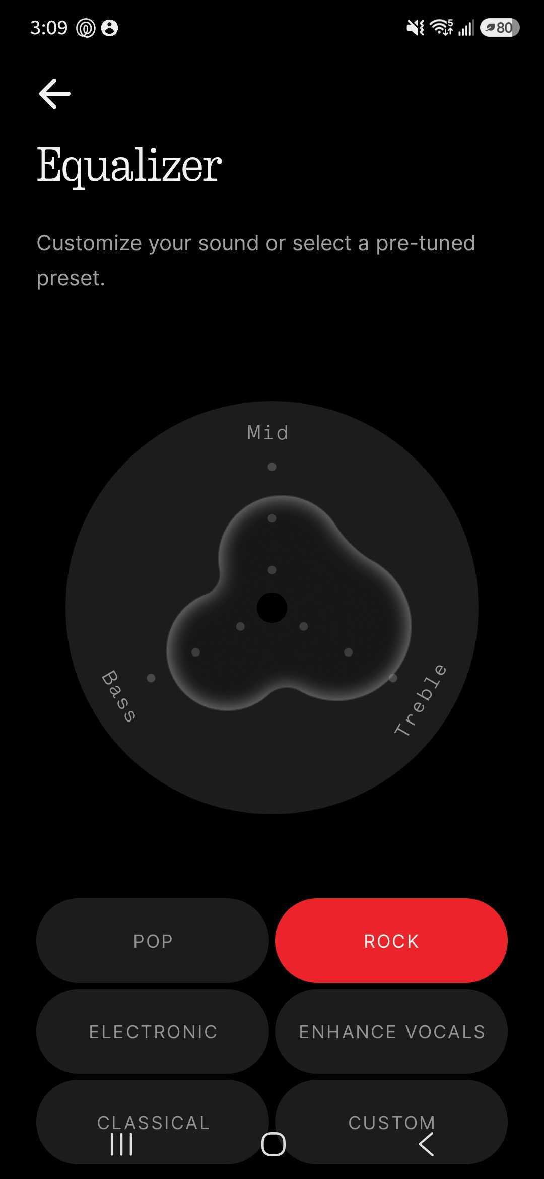 CMF app equalizer with adjustable bass, mids, and treble alongside six sound presets, with Rock selected.