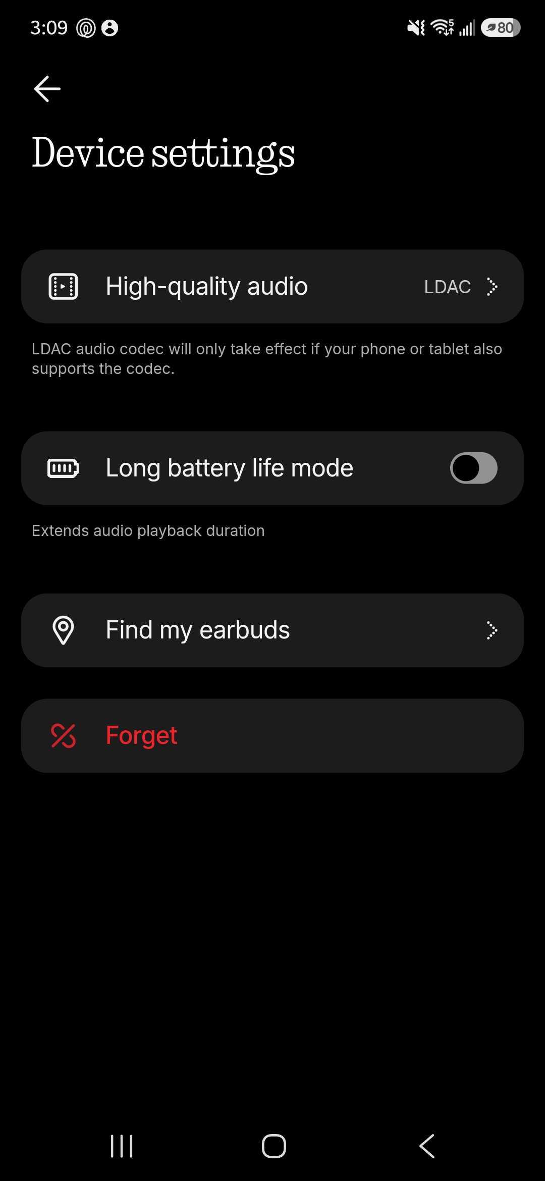 CMF app device settings showing LDAC high-quality audio, long battery life mode, and Find My Earbuds options.