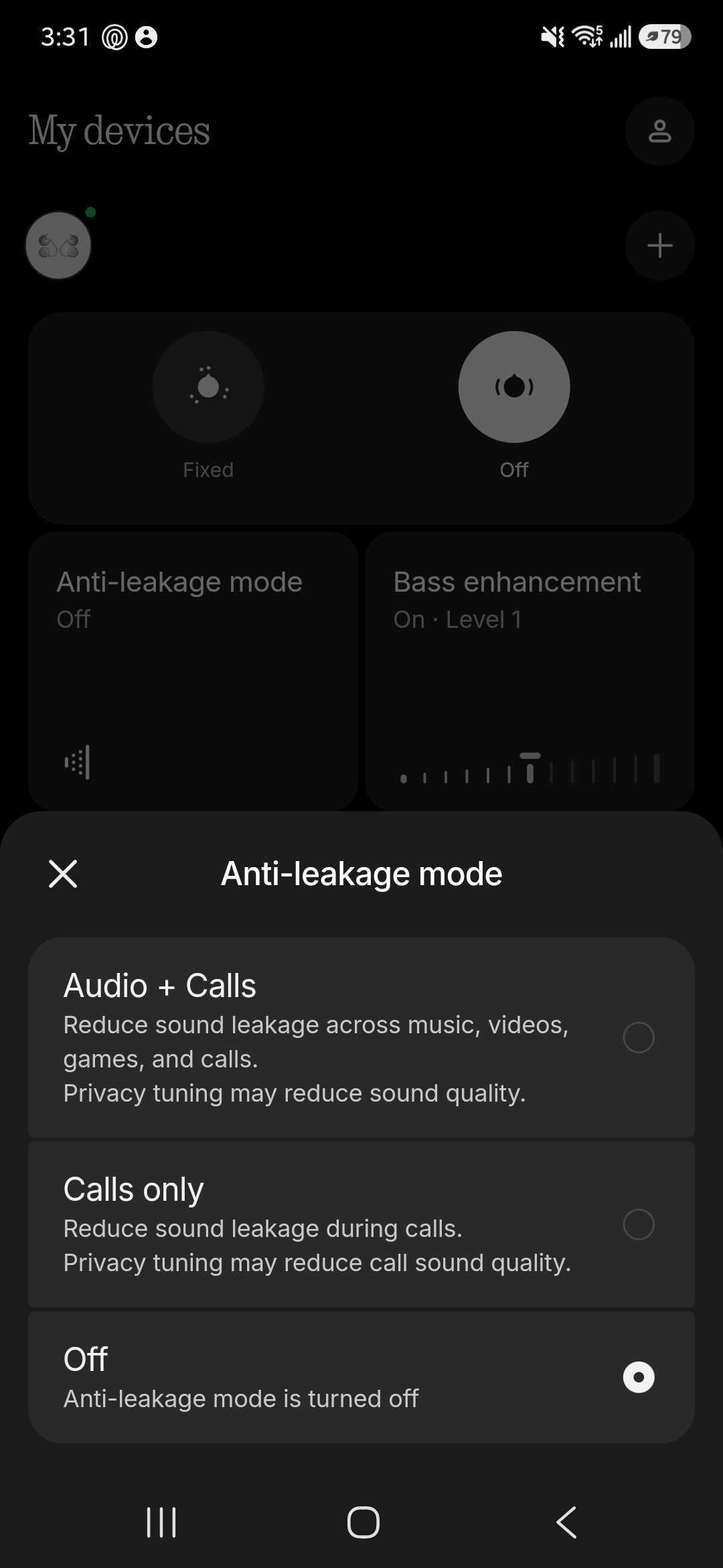 CMF app showing anti-leakage options for all audio and calls, calls only, or off.