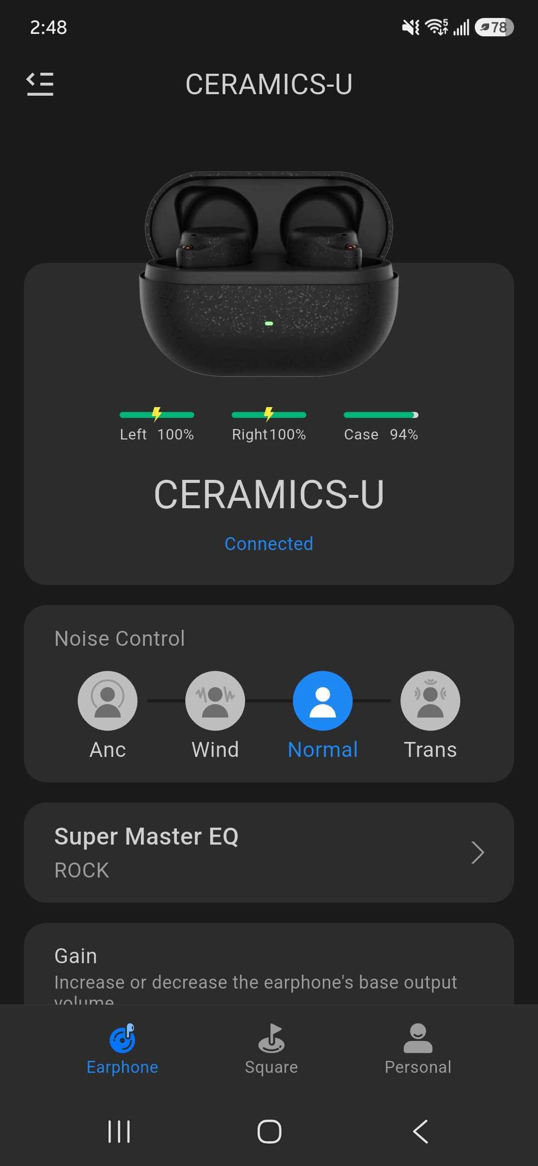 ROSESELSA app showing the Ceramics Ultra connected, with both earbuds at 100% battery, the case at 94%, Normal listening mode, and Rock EQ selected.