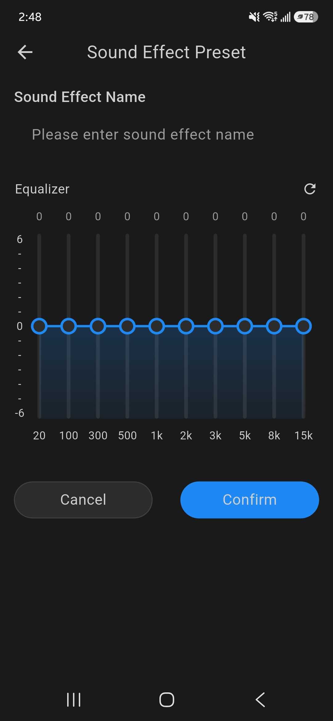 ROSESELSA app displaying a customizable 10-band equalizer for creating and naming sound presets.