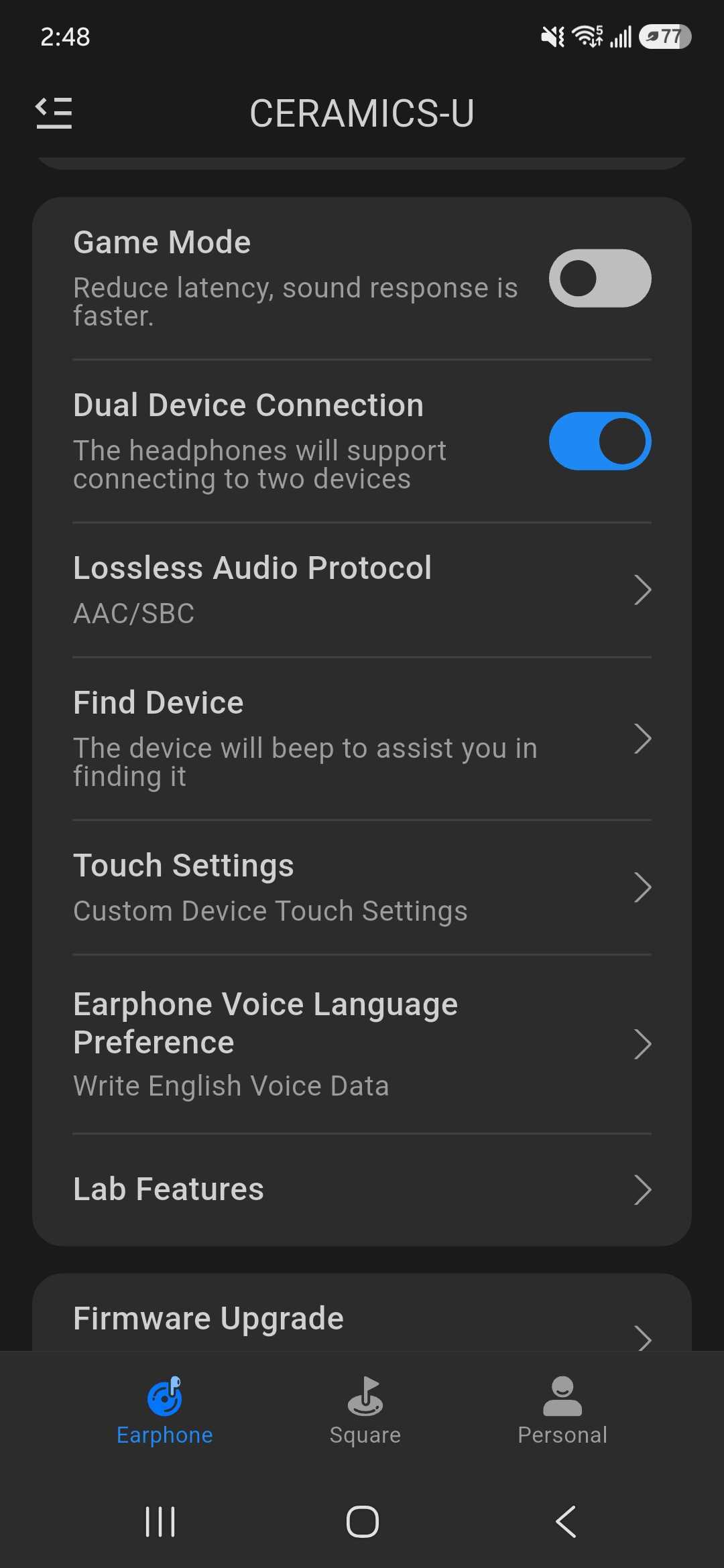 ROSESELSA app settings for the Ceramics Ultra, including game mode, multipoint connectivity, codecs, touch controls, and Find Device.