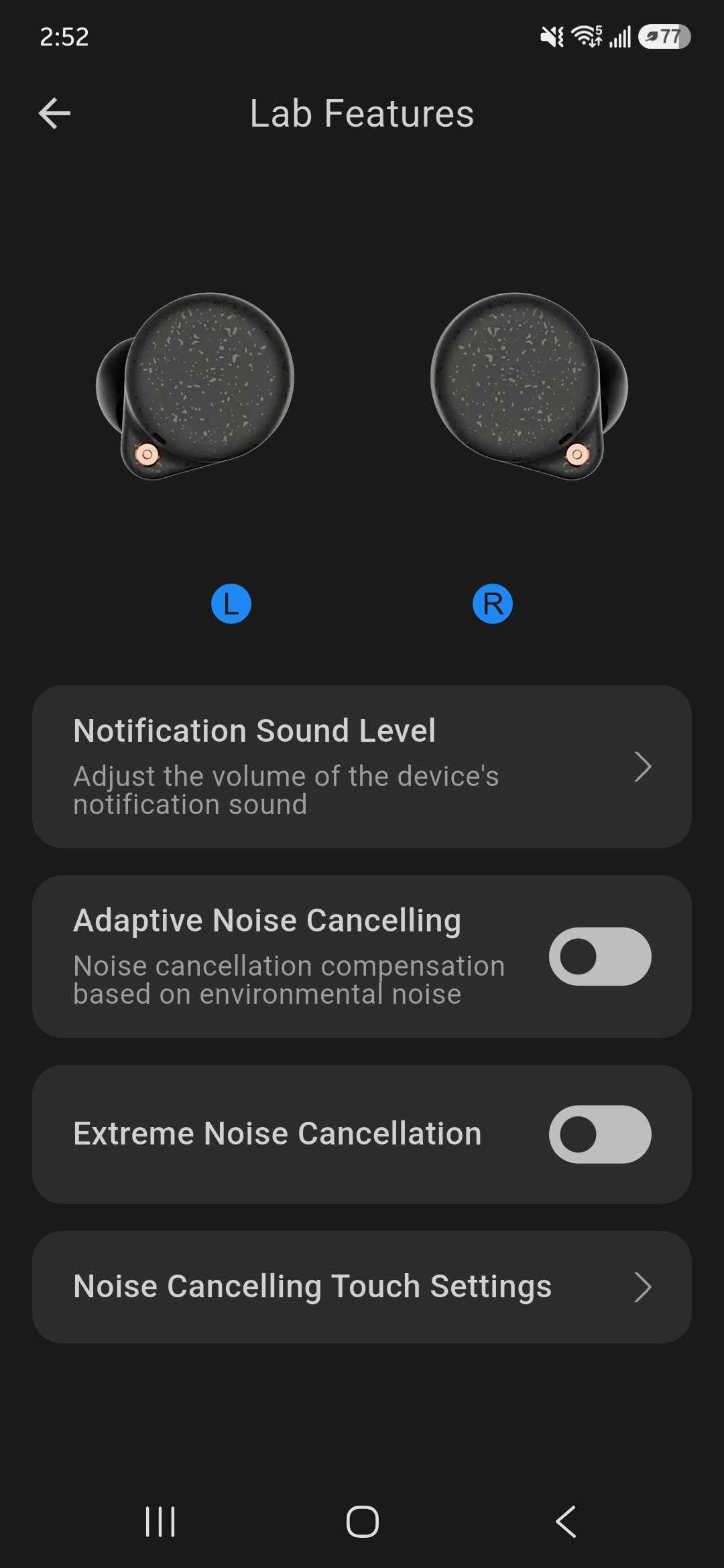 ROSESELSA app Lab Features menu with notification volume, adaptive noise cancelling, extreme noise cancellation, and touch-control settings.