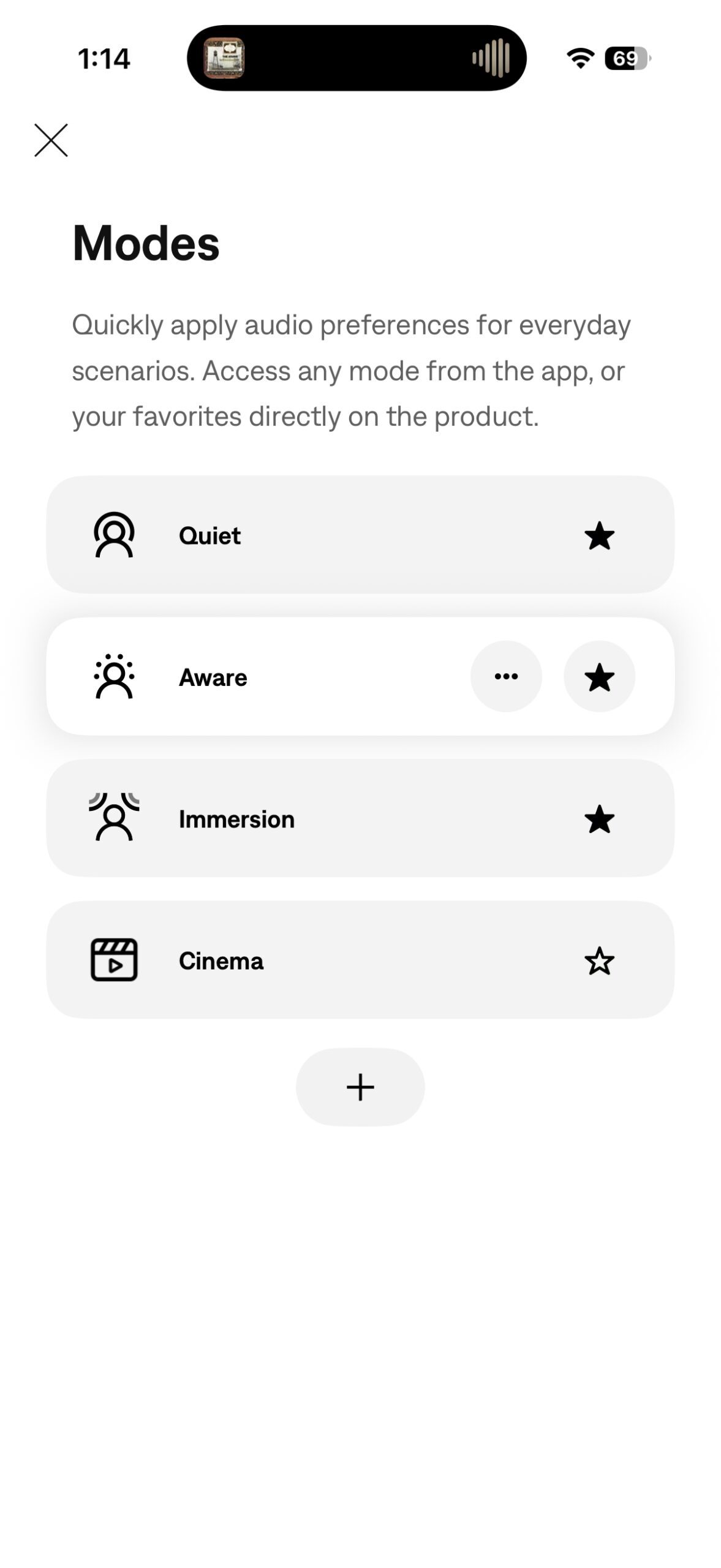 Bose app showing Quiet, Aware, Immersion, and Cinema modes.