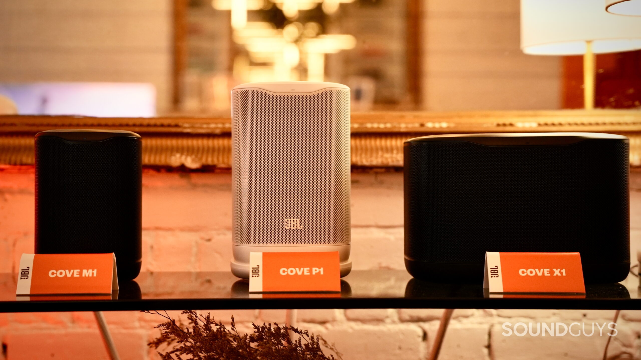 JBL Cove Series Hero - 1 JBL Cove M1, P1, and X1 Wi-Fi speakers displayed together in black and white.