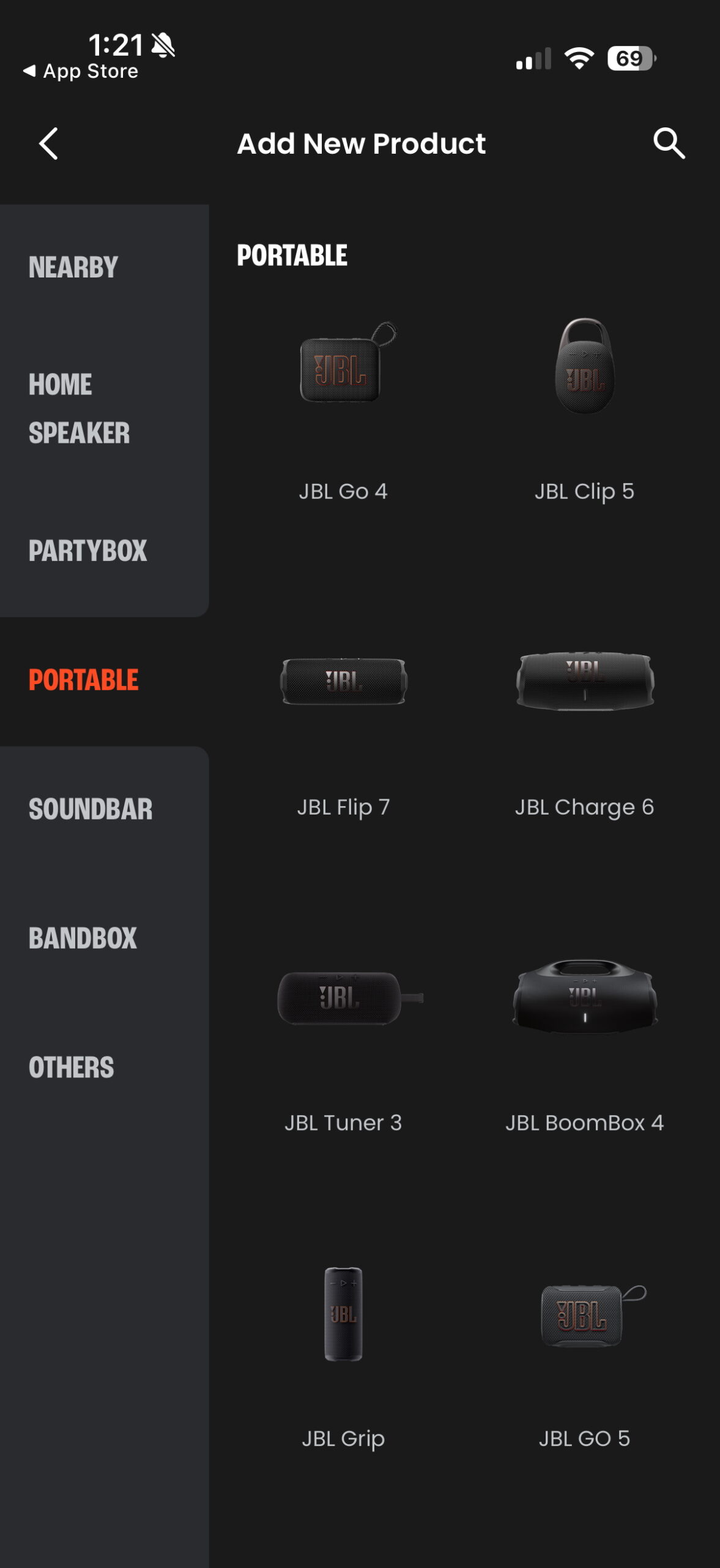 The JBL One app showing controls and settings for compatible JBL Bluetooth speakers.