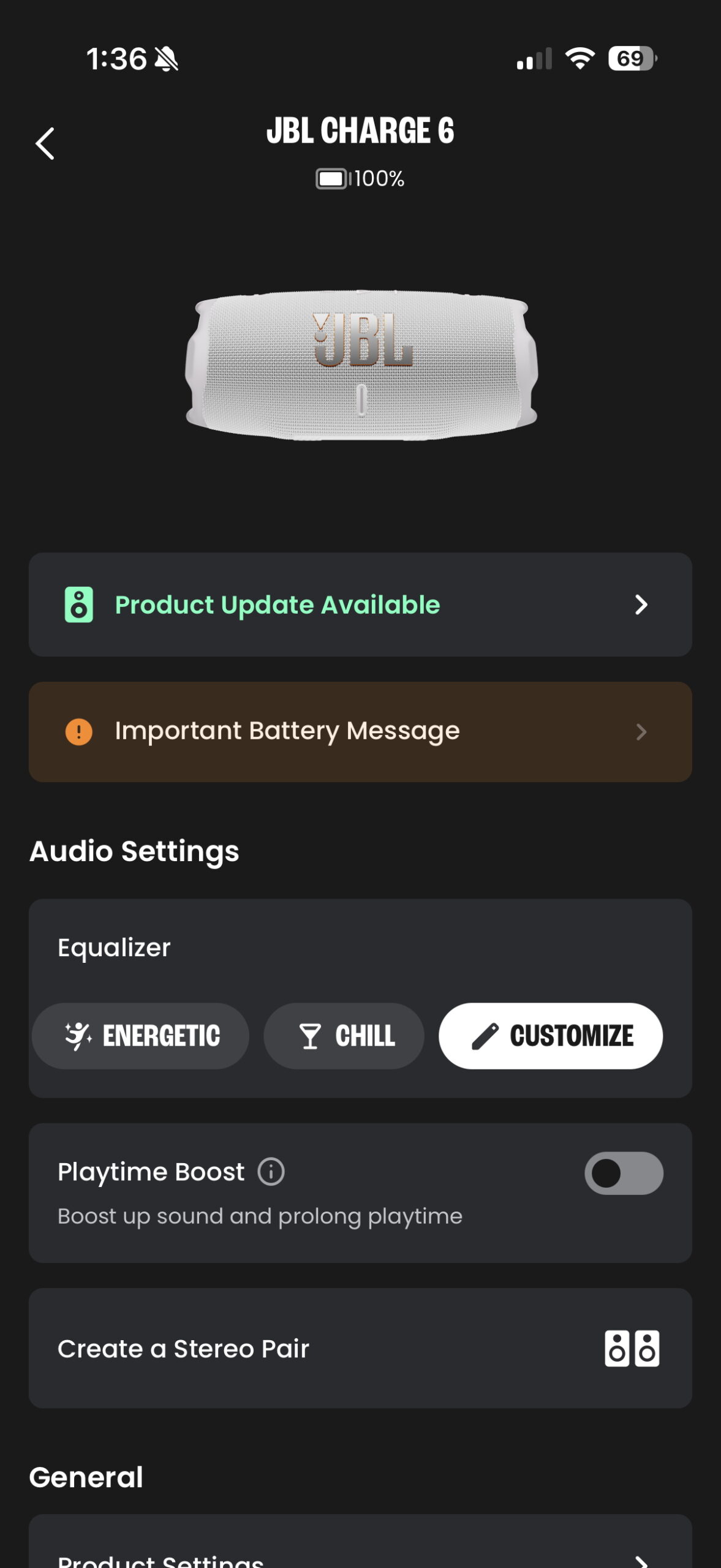 The JBL One app showing controls and settings for compatible JBL Bluetooth speakers.