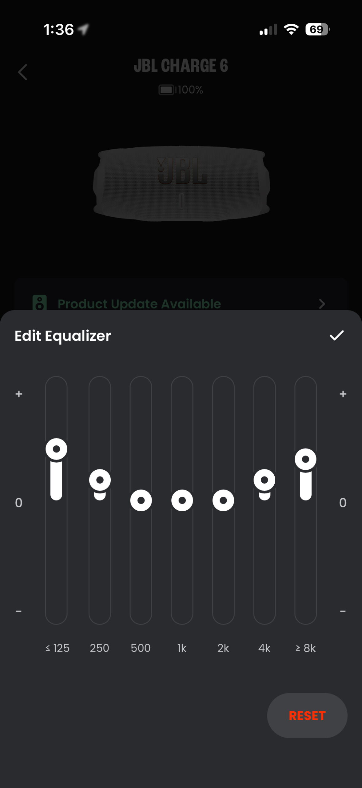 The JBL One app showing controls and settings for compatible JBL Bluetooth speakers.