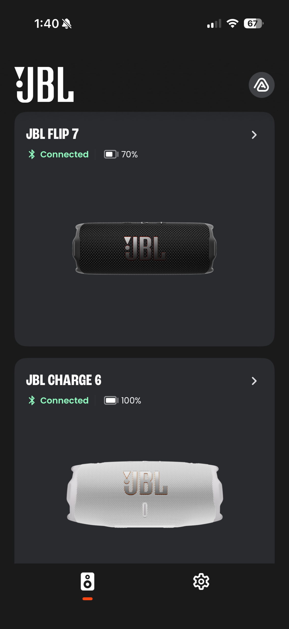 The JBL One app showing controls and settings for compatible JBL Bluetooth speakers.