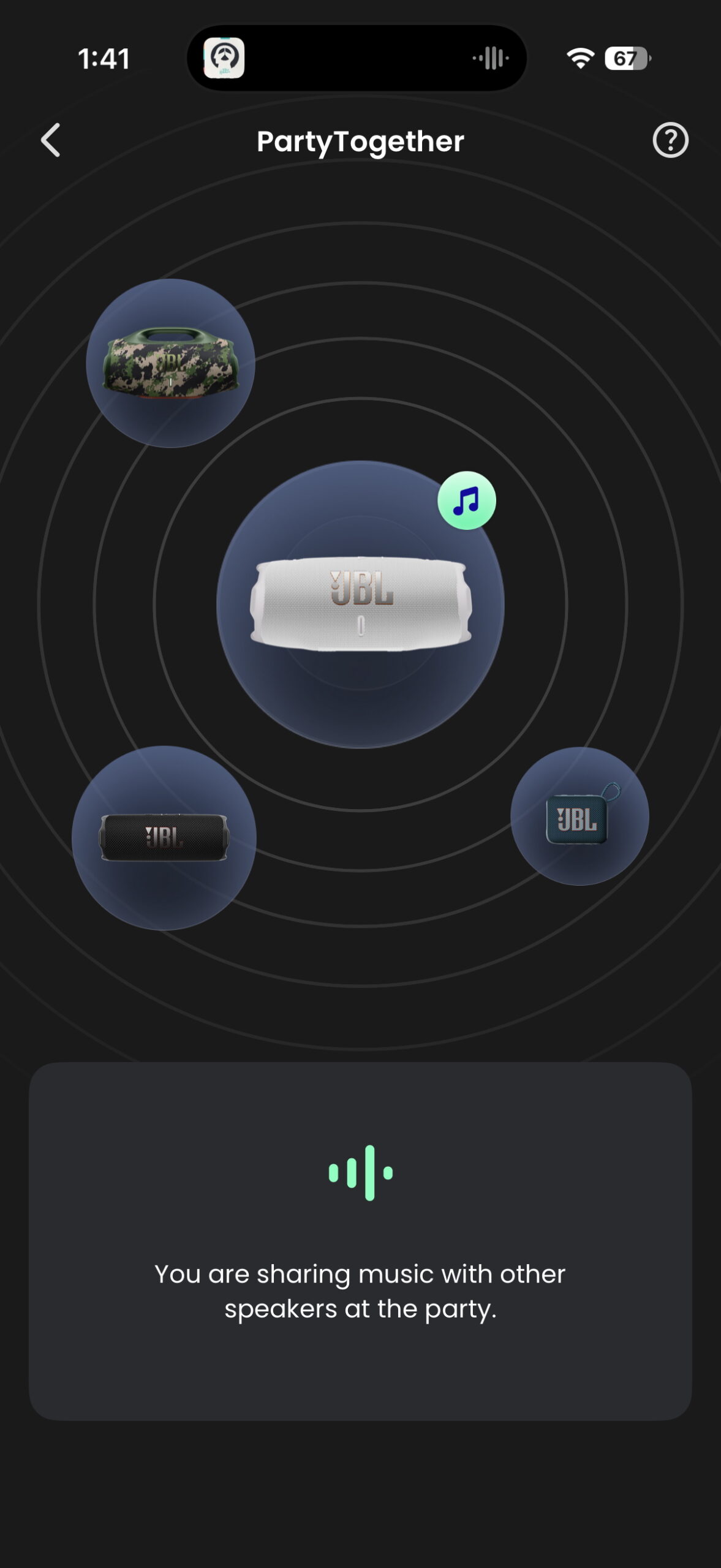 The JBL One app showing controls and settings for compatible JBL Bluetooth speakers.