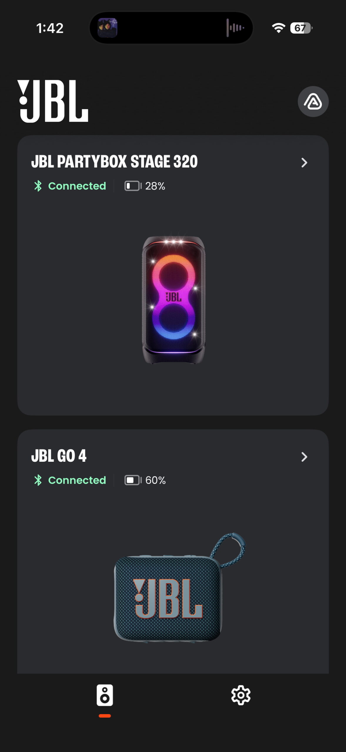 The JBL One app showing controls and settings for compatible JBL Bluetooth speakers.