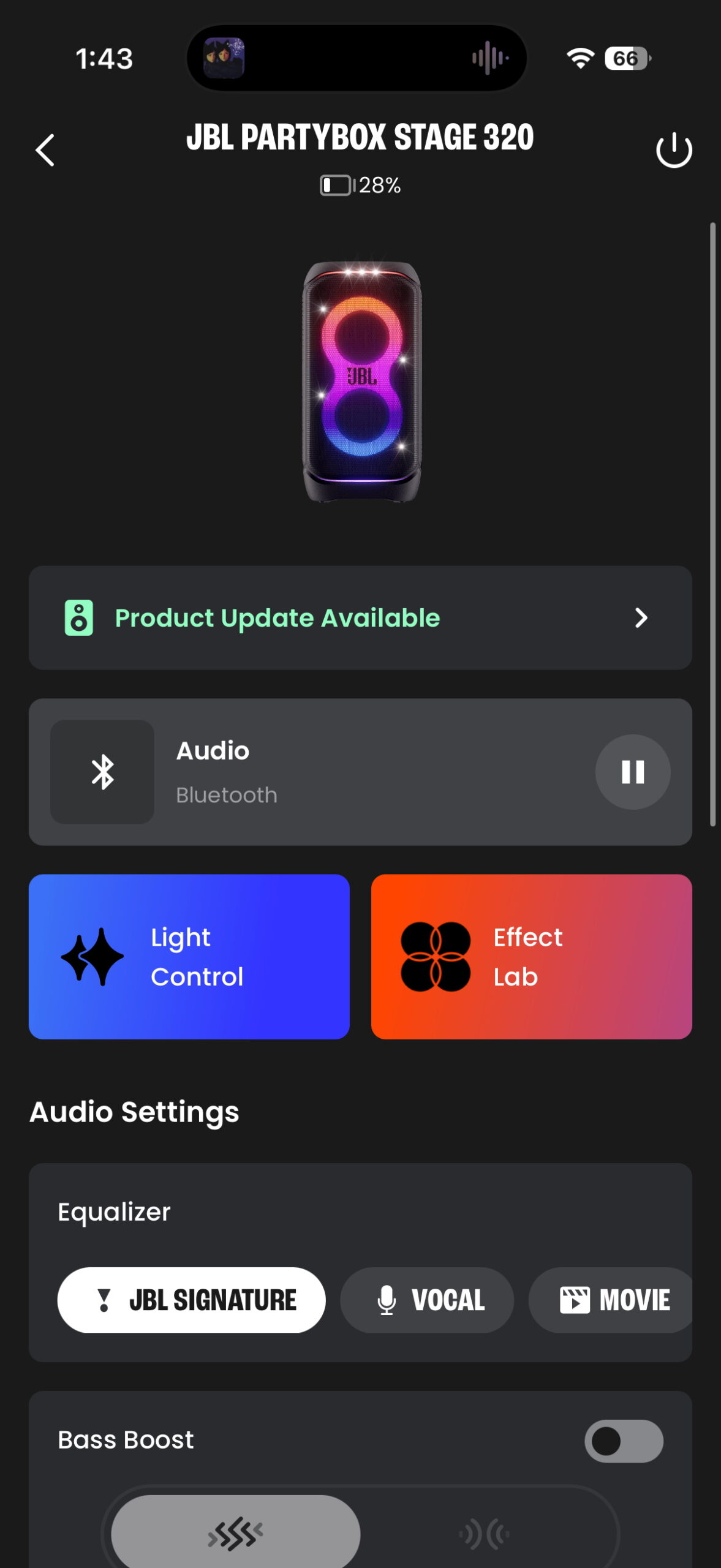 The JBL One app showing controls and settings for compatible JBL Bluetooth speakers.