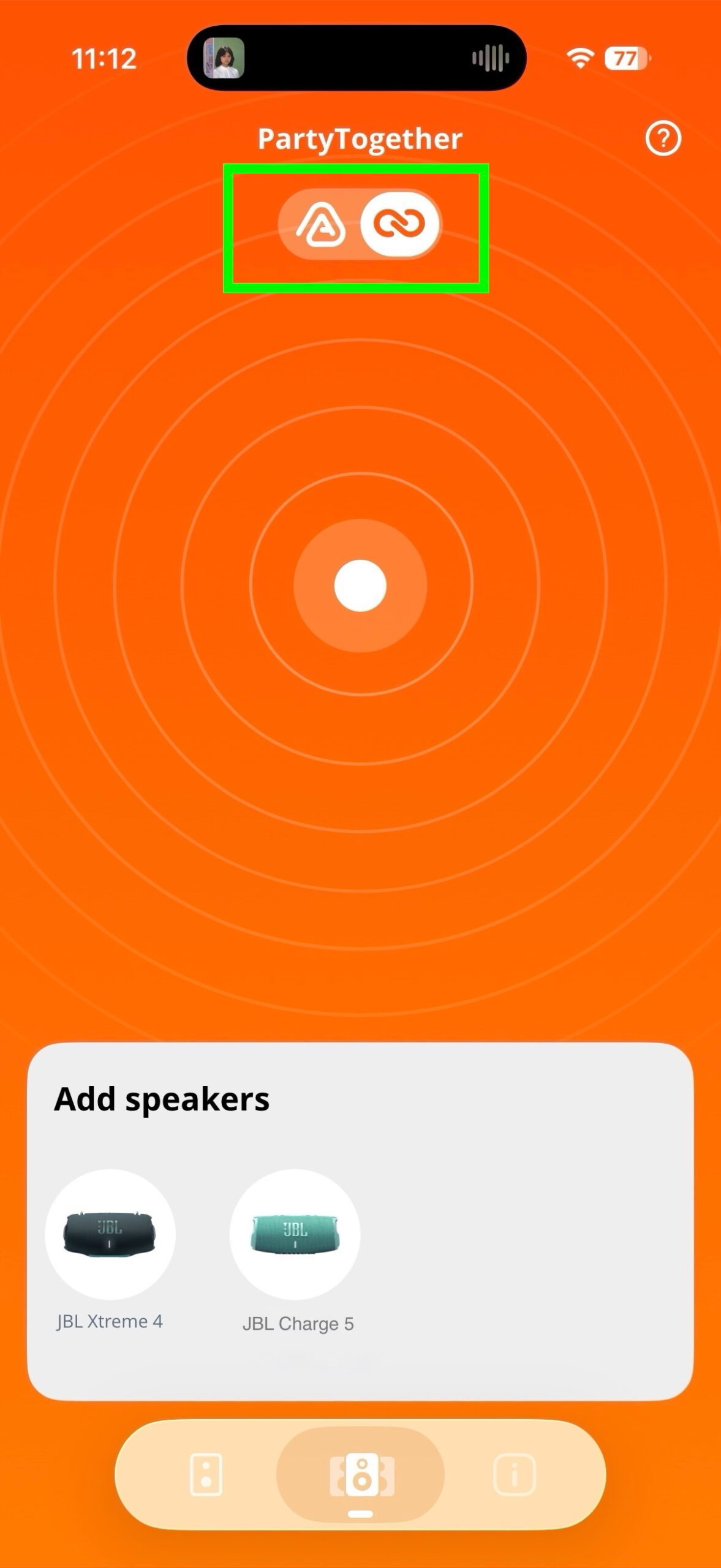 JBL Portable app showing the Xtreme 4 and Charge 5 with PartyBoost and Auracast controls