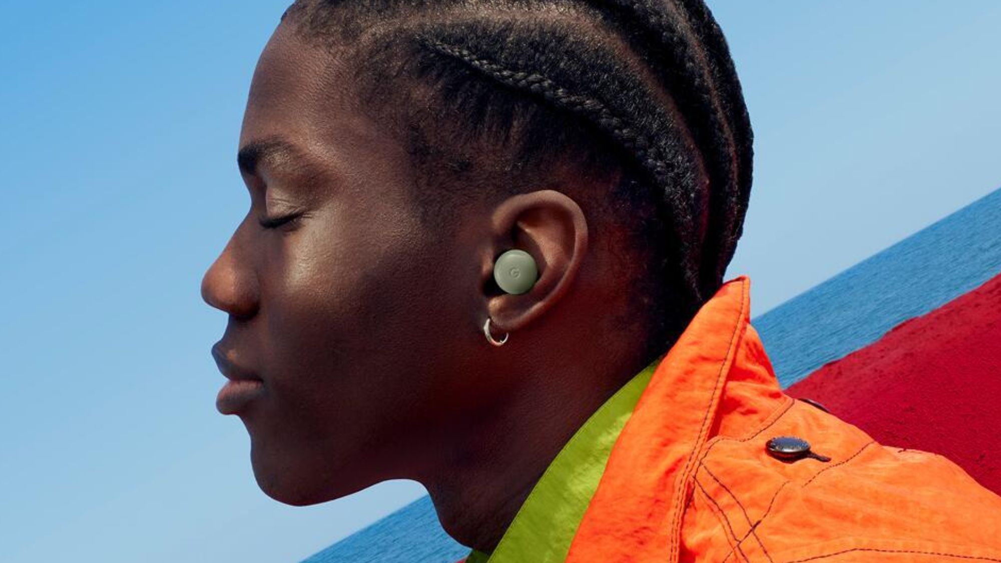 Pixel Buds Pro 2 new olive color in a person's ears