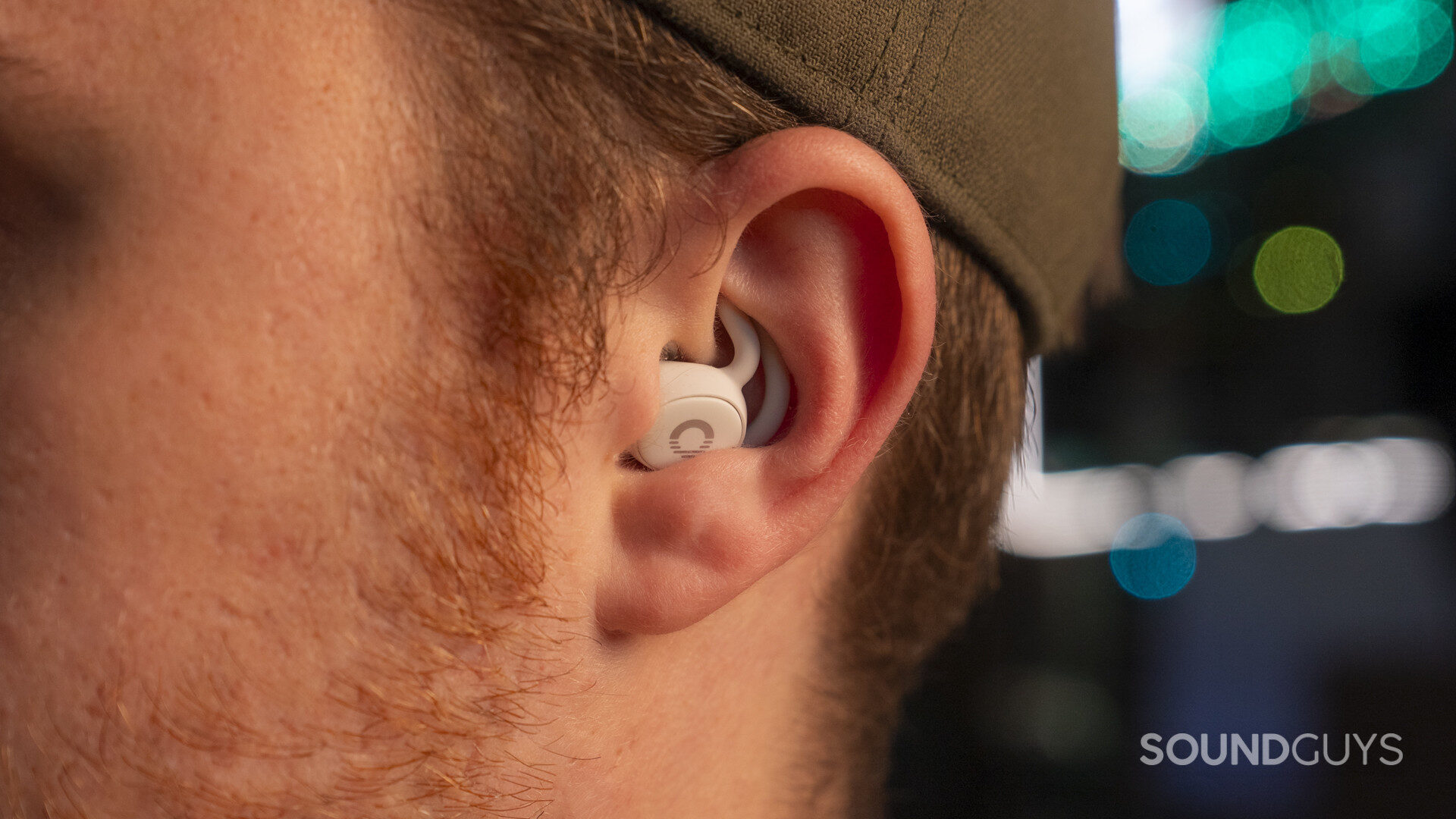 SG_Ozlo Sleepbuds 2-6 Close-up of an Ozlo Sleepbud 2 fitted securely inside a person’s ear.