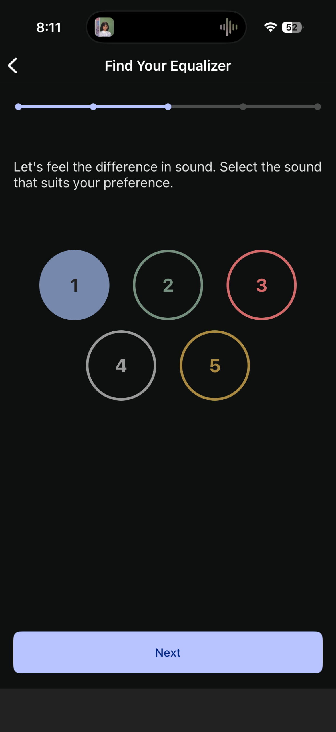 Sony’s Find Your Equalizer presents five numbered sound options for the user to compare.