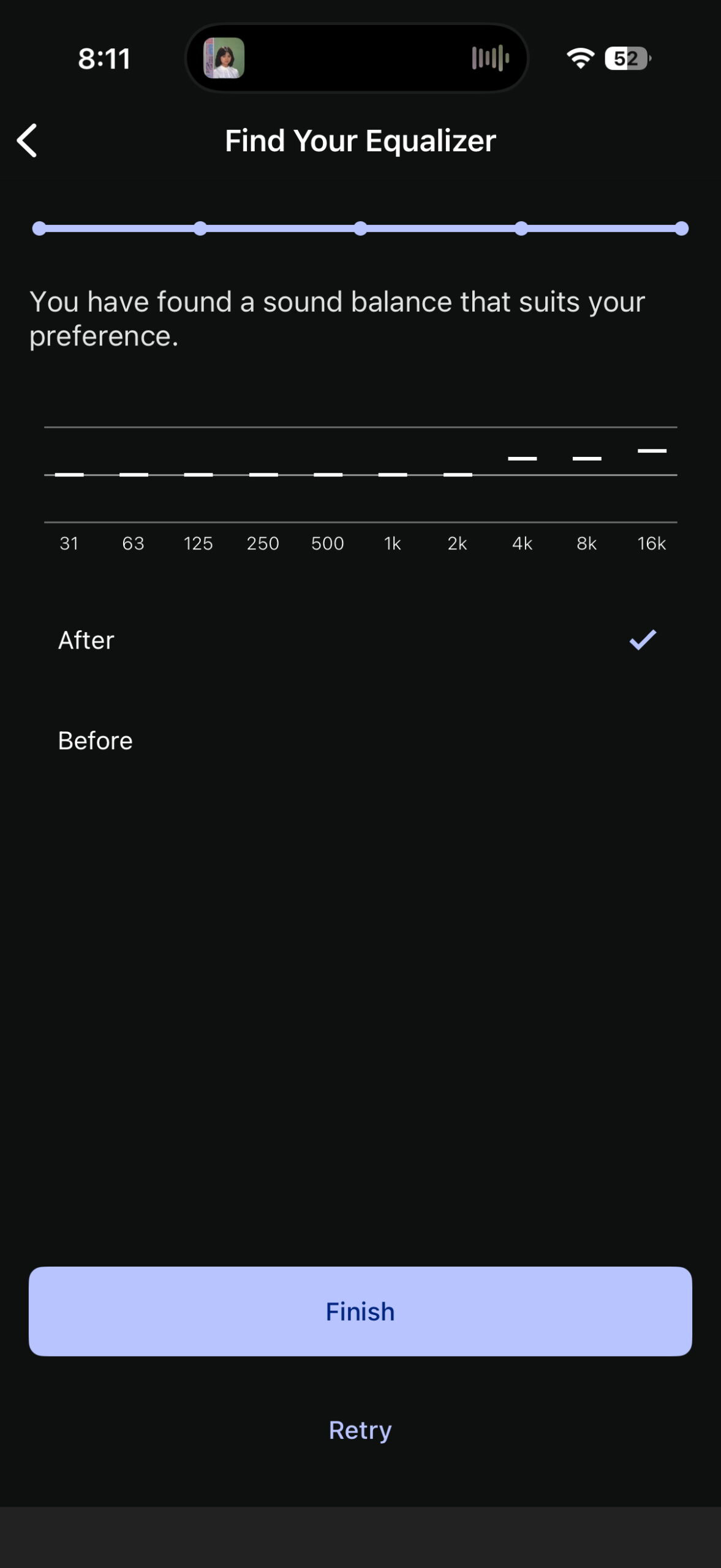Sony’s Find Your Equalizer result shows an EQ with increased treble strength at 4kHz, 8kHz, and 16kHz.