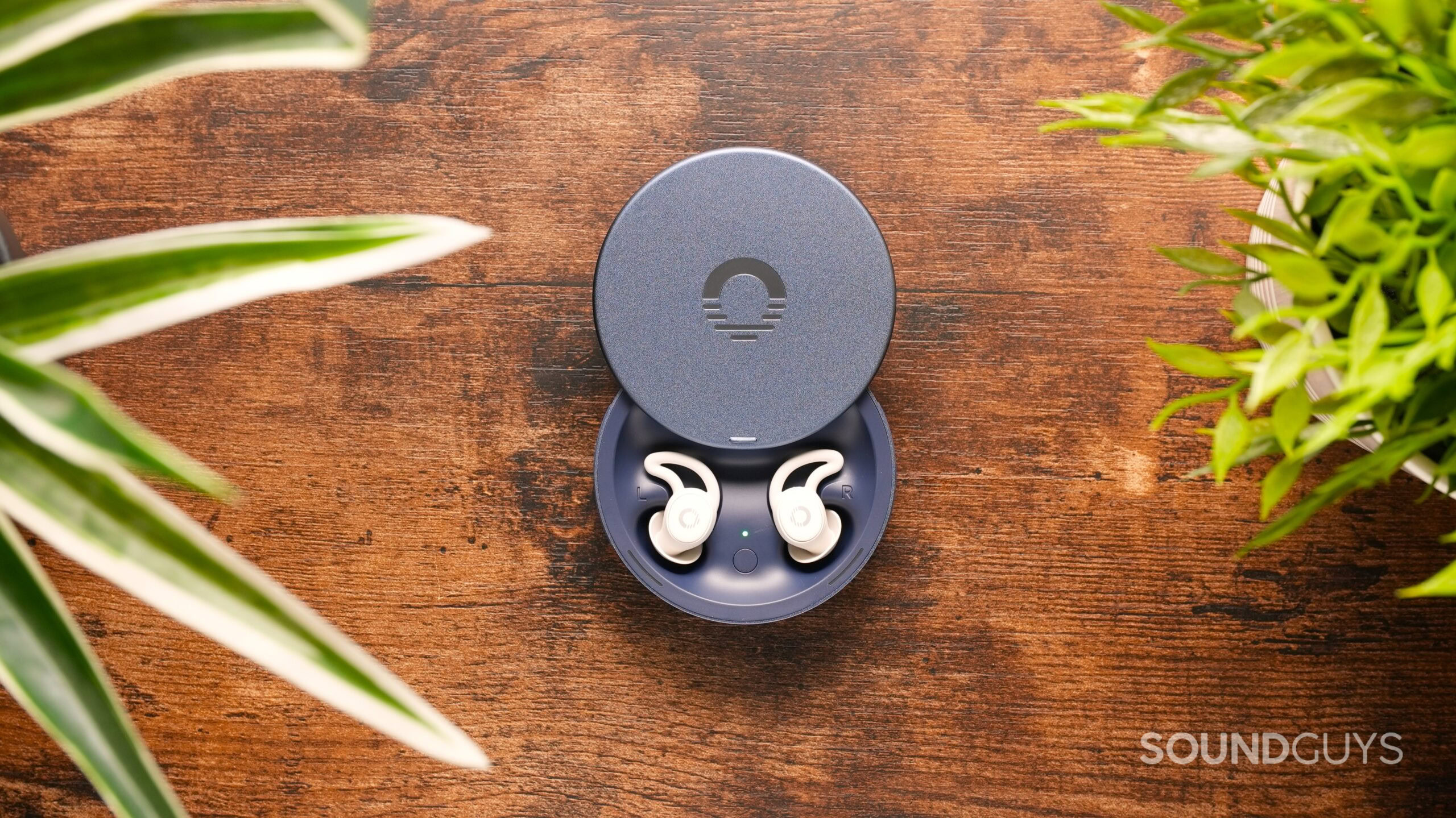 ozlo sleepbuds 2 open case Ozlo Sleepbuds 2 resting inside their open charging case on a wooden tabletop surrounded by green plants.