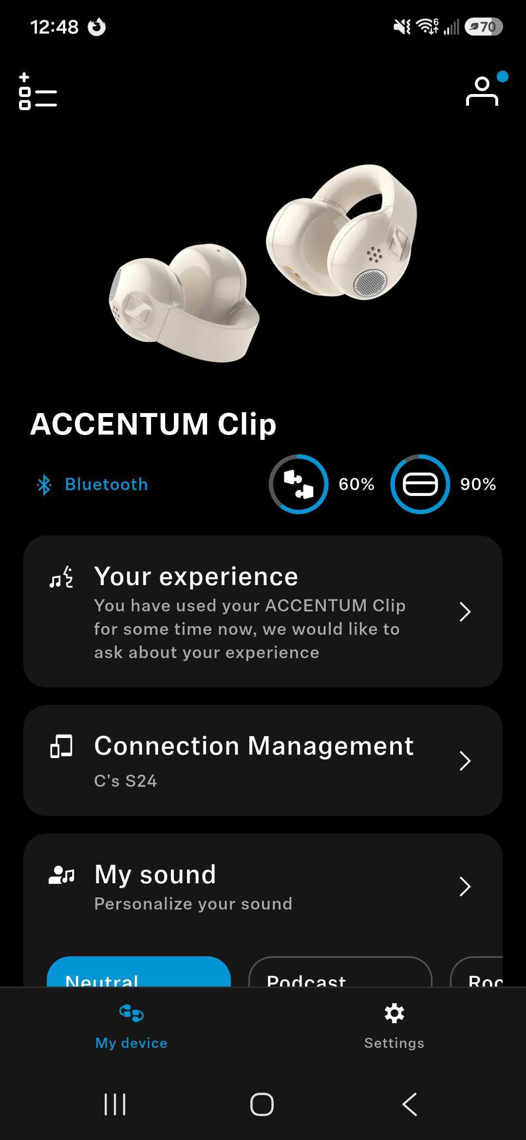 A screenshot of the Sennheiser ACCENTUM Clip's screens within the Sennheiser Smart Control Plus app.