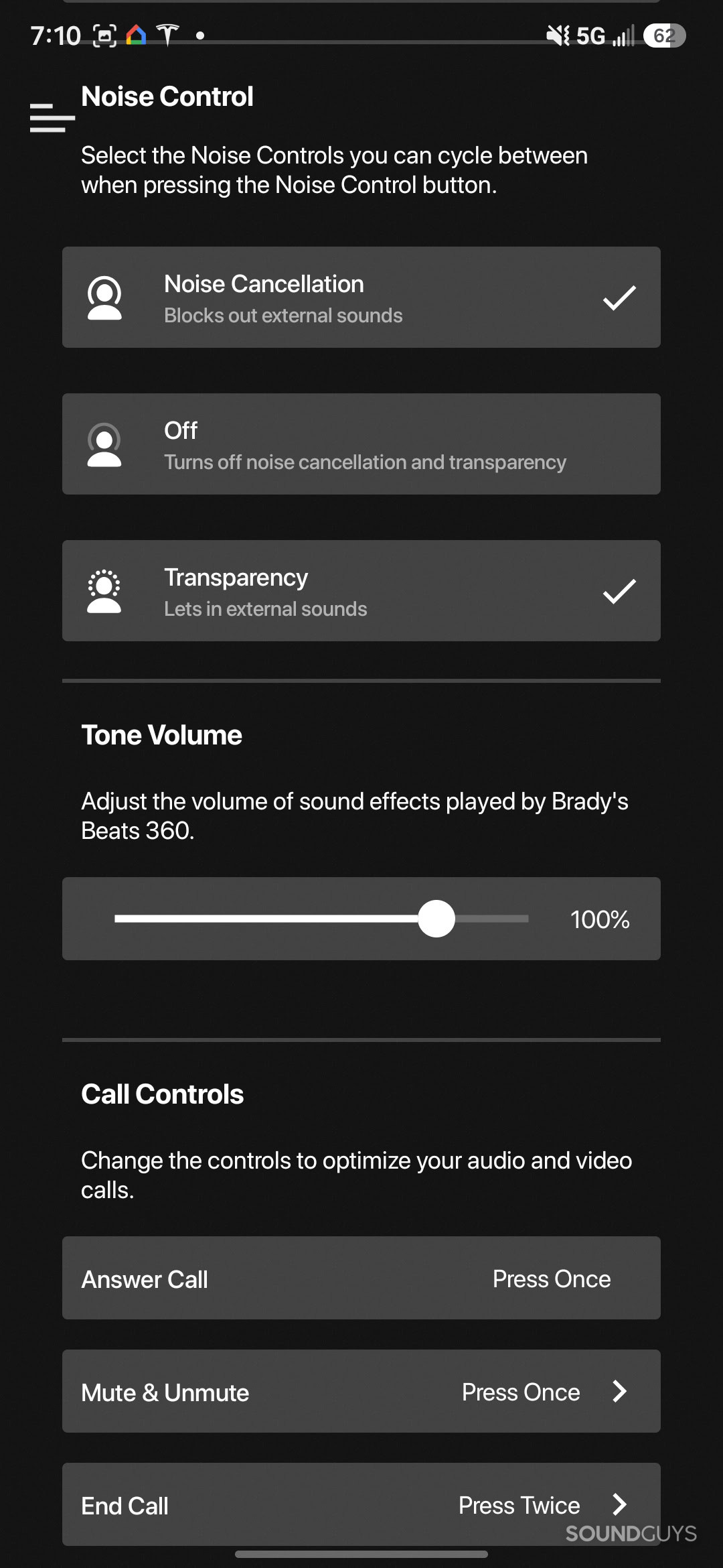 The ANC modes, volume, and button settings.
