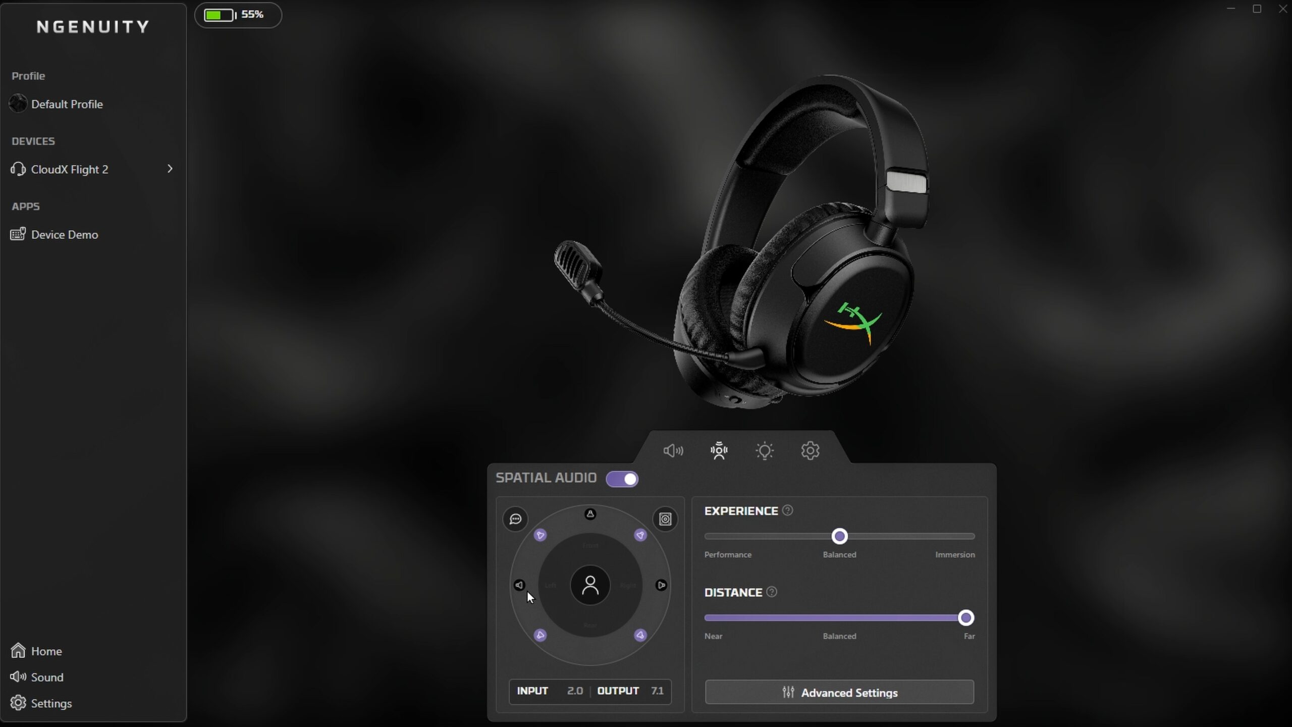 HyperX CloudX Flight 2 Wireless Spatial audio settings HyperX CloudX Flight 2 Wireless in the NGENUITY apps Spatial audio settings.