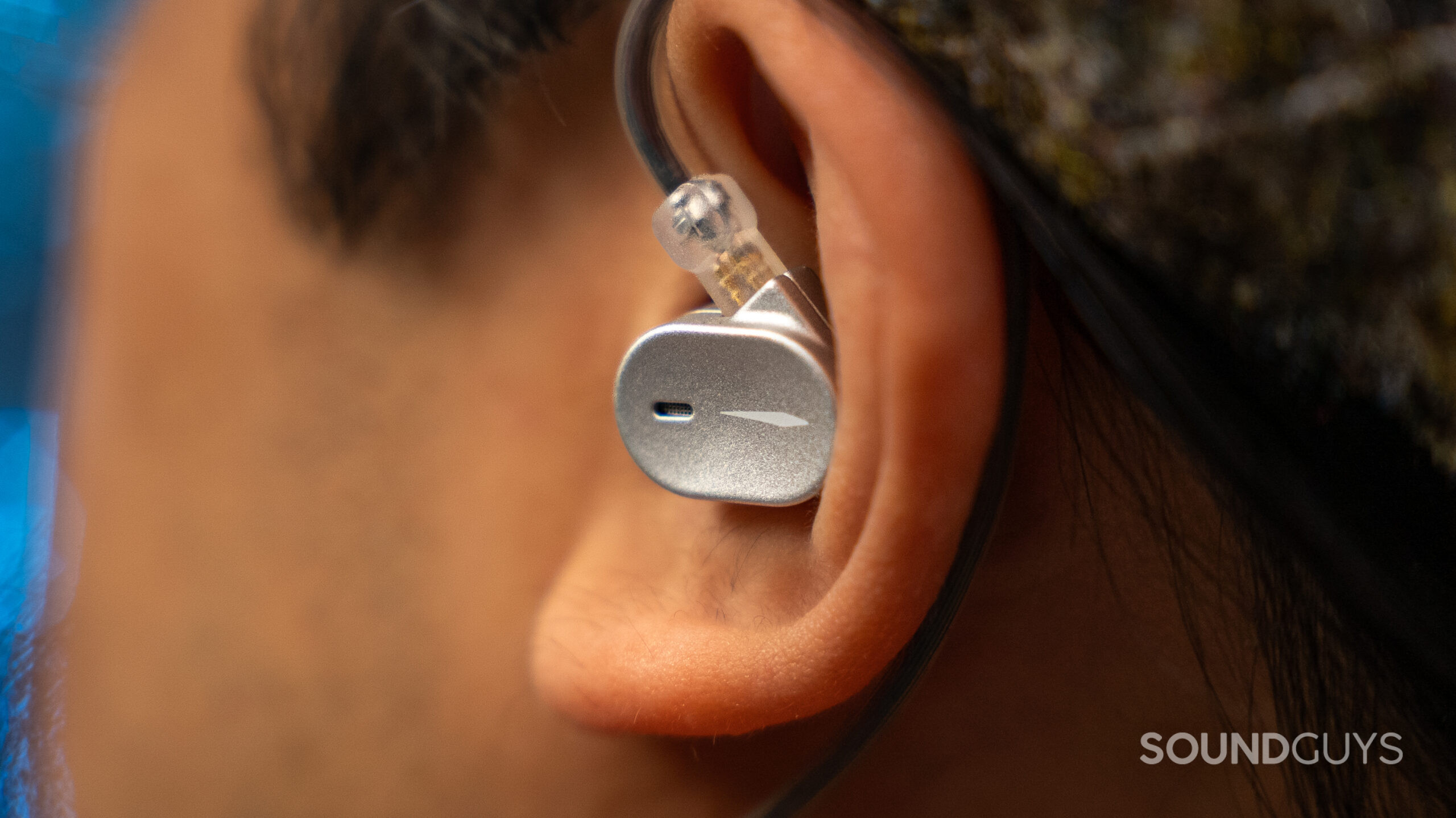 Moondrop Chu III Worn close up Close up of the Moondrop Chu III IEM, in the ear, taking a small amount of space as its smaller than most IEMs.