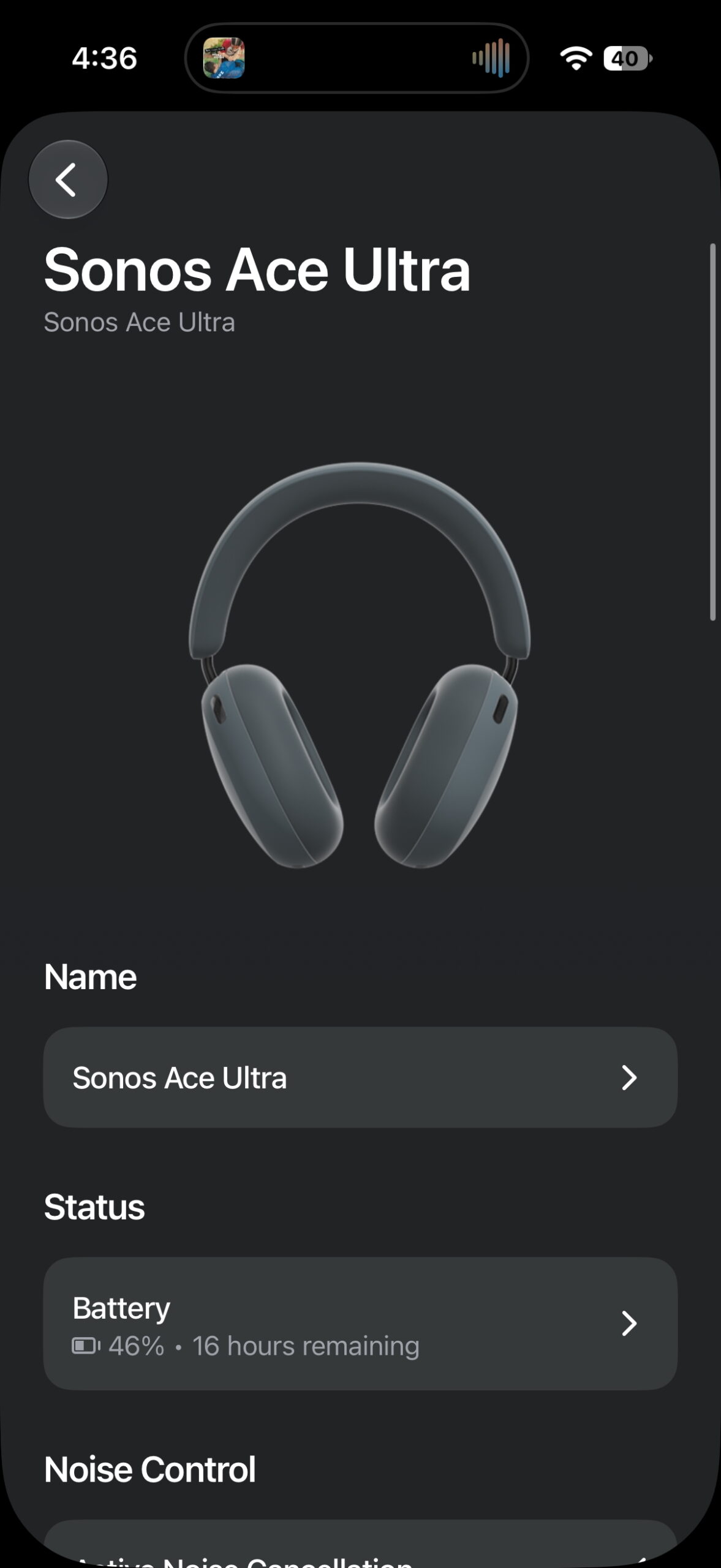 Sonos app showing battery status and settings for the Sonos Ace Ultra