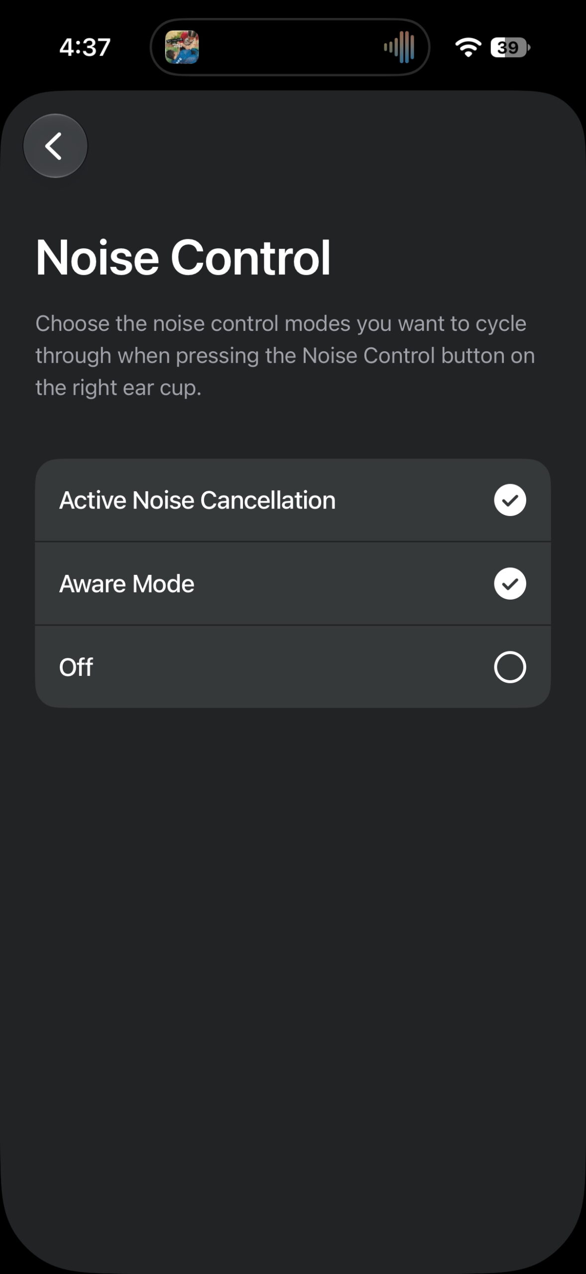 Sonos app showing ANC, Aware Mode, and Off noise control options for the Sonos Ace Ultra