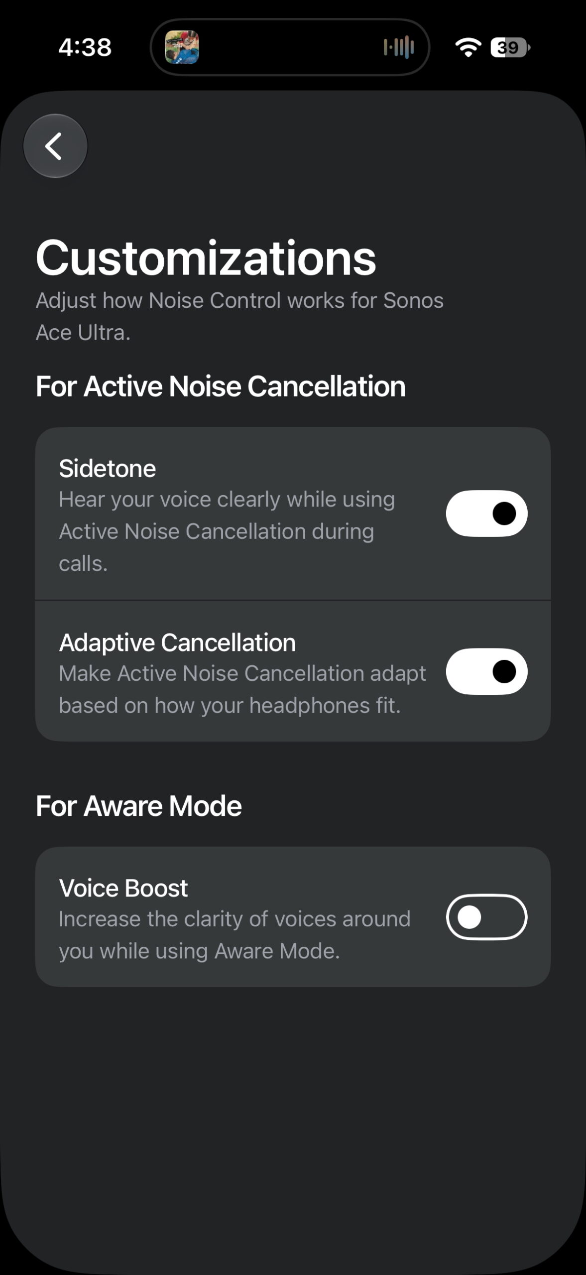 Sonos app showing Sidetone, Adaptive Cancellation, and Voice Boost settings for the Sonos Ace Ultra