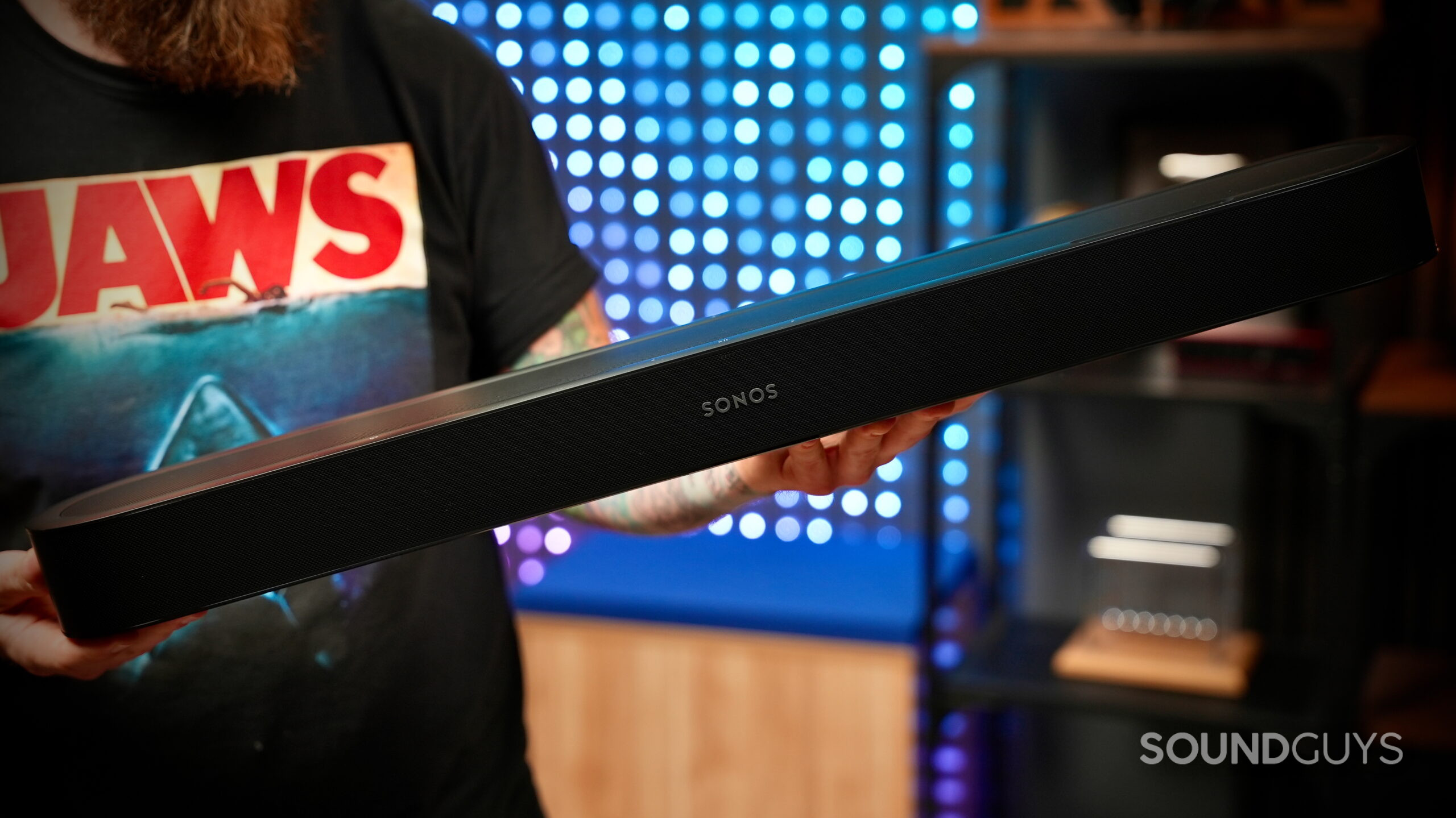 Front and side view of the Sonos Beam Ultra.