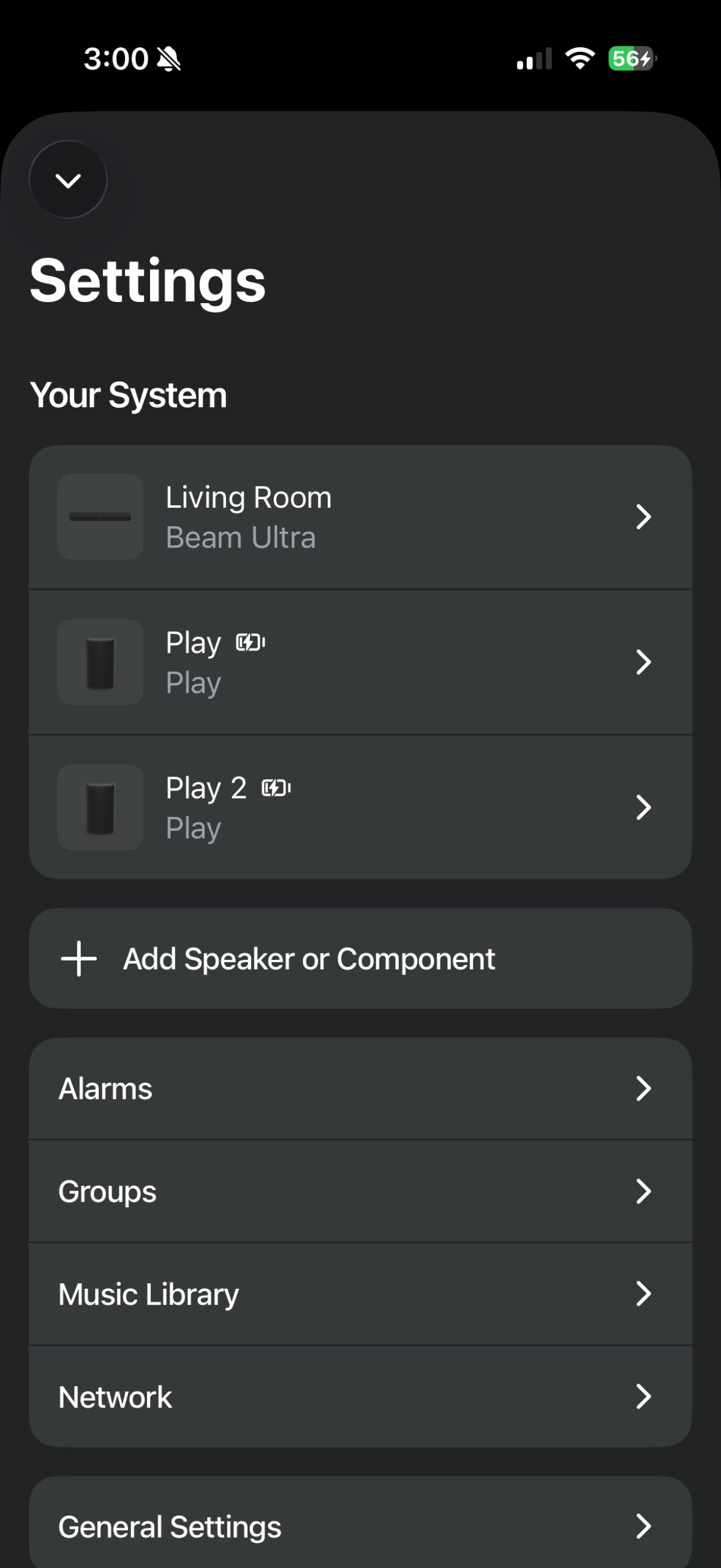 Sonos app Settings screen showing a Beam Ultra and two Play speakers