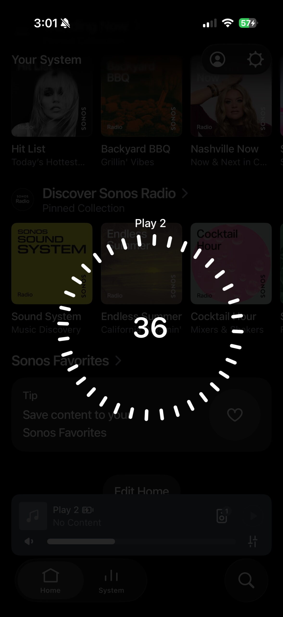 Sonos app two-finger virtual volume knob controlling a Play speaker