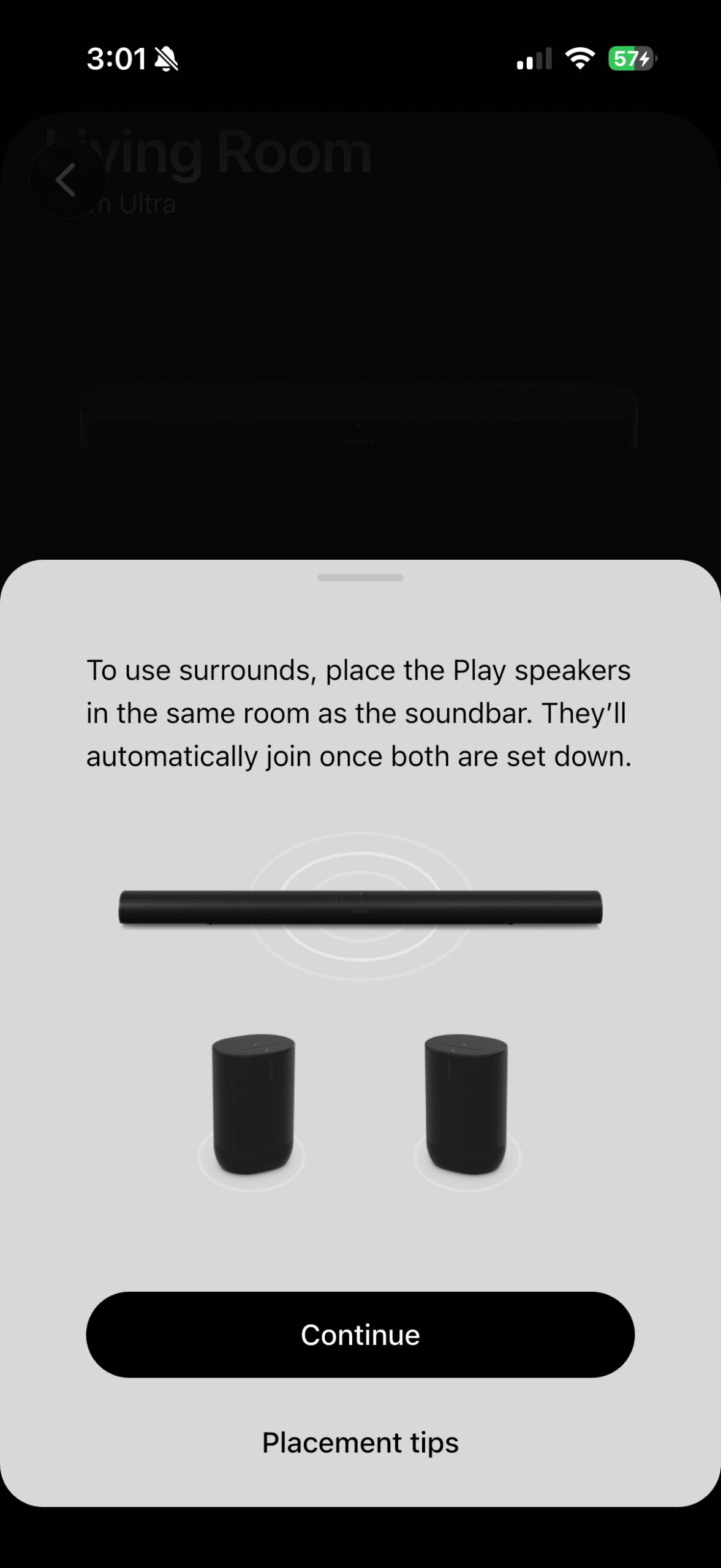 Sonos app explaining how Play speakers automatically join the Beam Ultra as surrounds