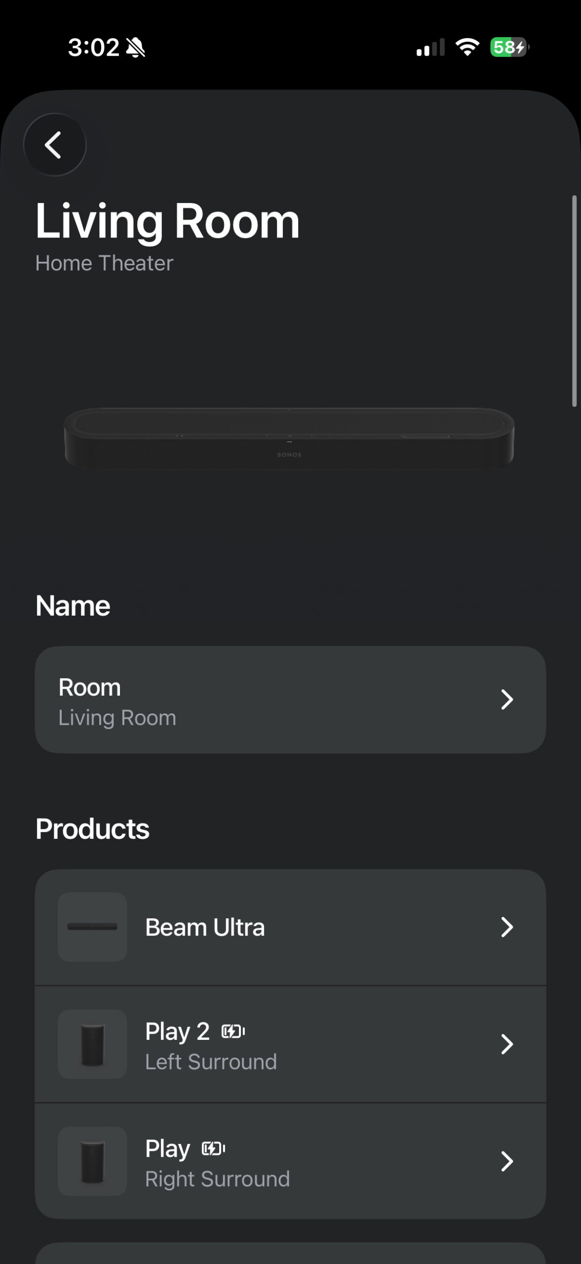 Sonos app showing the Beam Ultra with two Play speakers as left and right surrounds