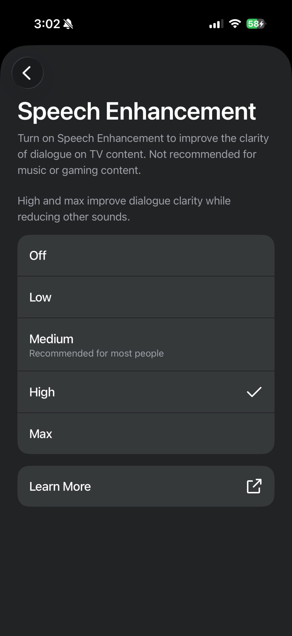 Sonos app showing four Speech Enhancement levels for the Beam Ultra