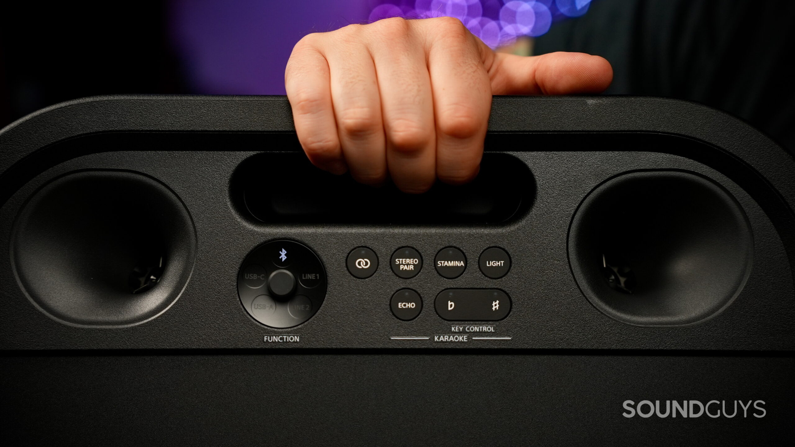 Close-up of the Sony ULT TOWER 7 handle and control panel.