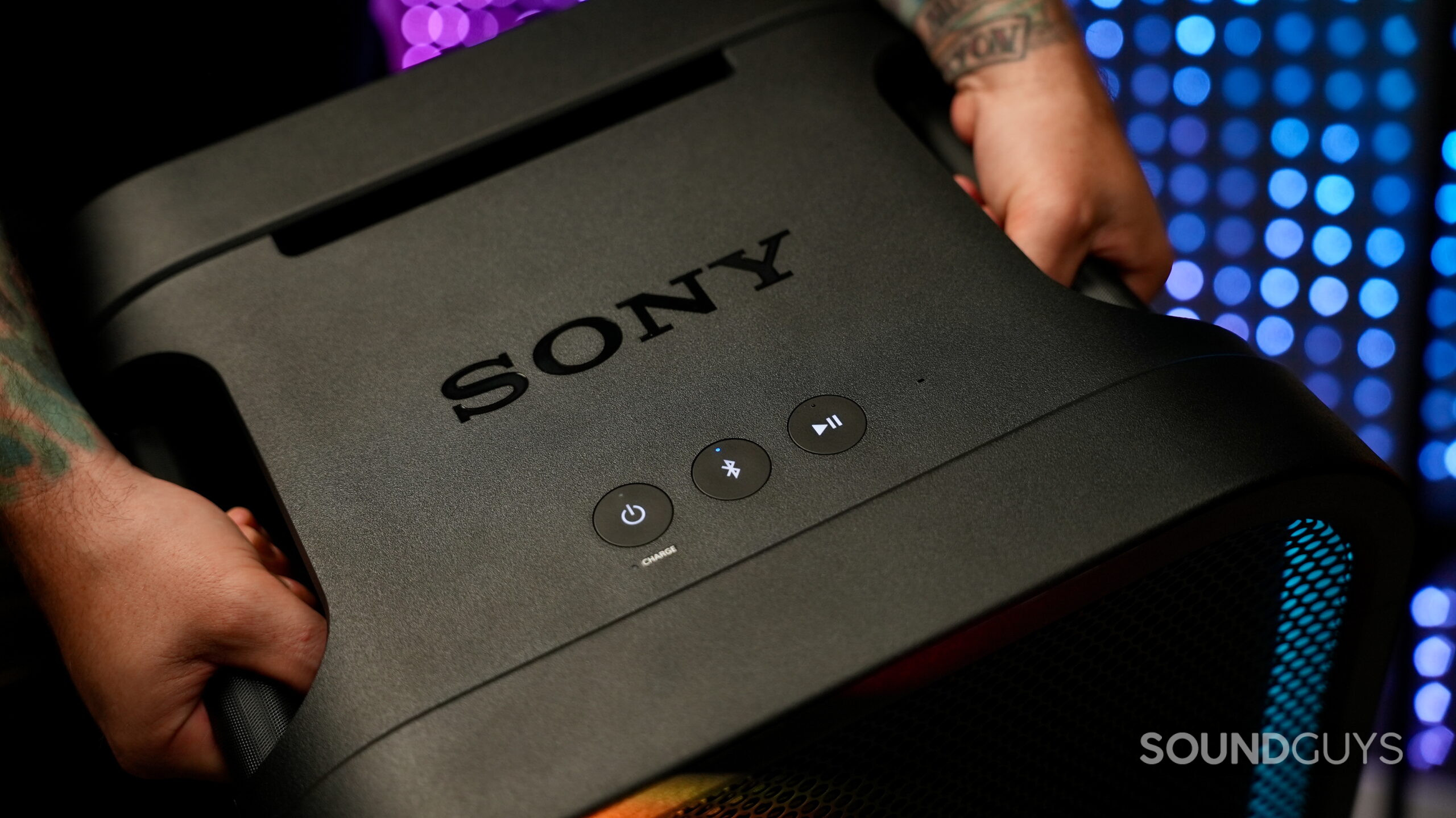 Close-up of the Sony ULT TOWER 7 top panel showing the Sony logo and playback controls.