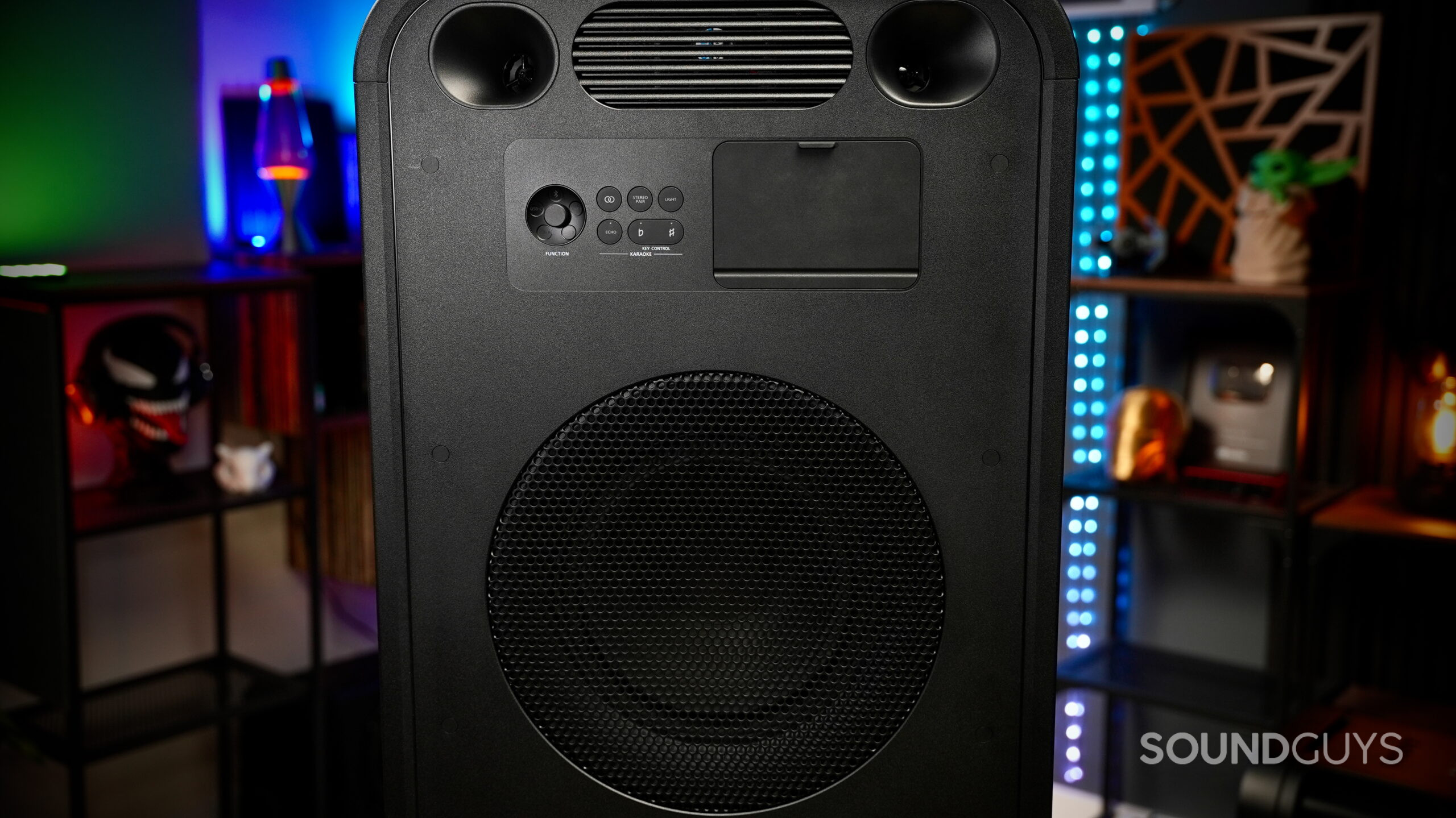 Rear view of the Sony ULT TOWER MAX showing its large woofer and control panel.