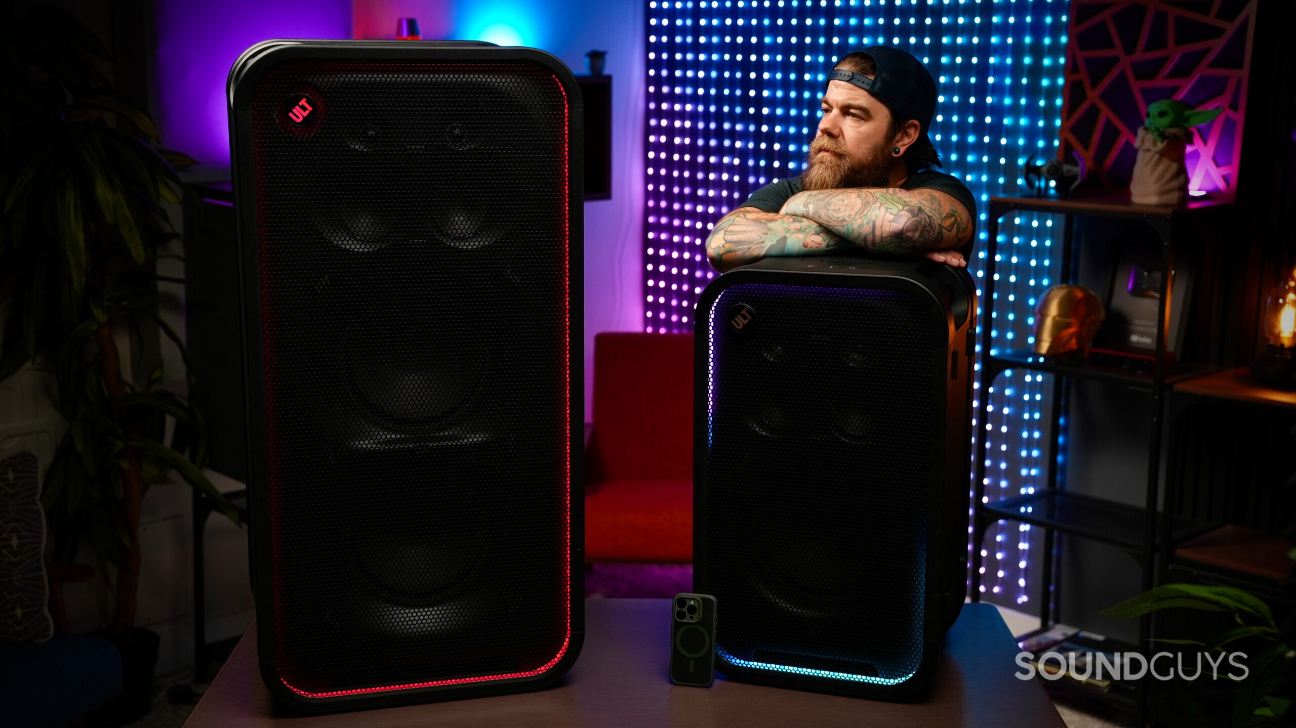 Sony ULT series - 7 Sony ULT TOWER MAX and ULT TOWER 7 shown together with their multicolor lighting on.