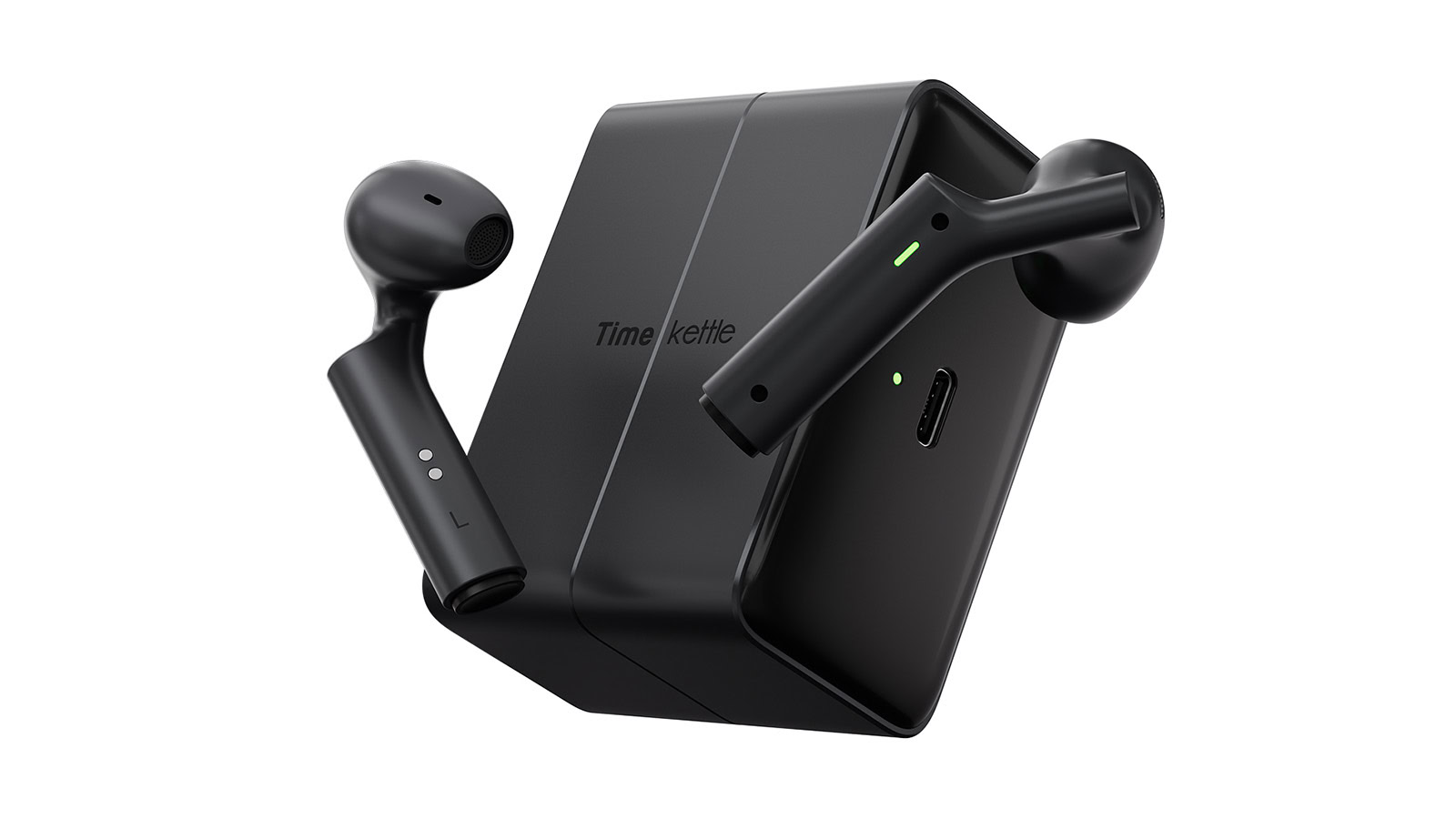 Timekettle W4 Plus earbuds next to case Timekettle W4 Plus earbuds next to case.