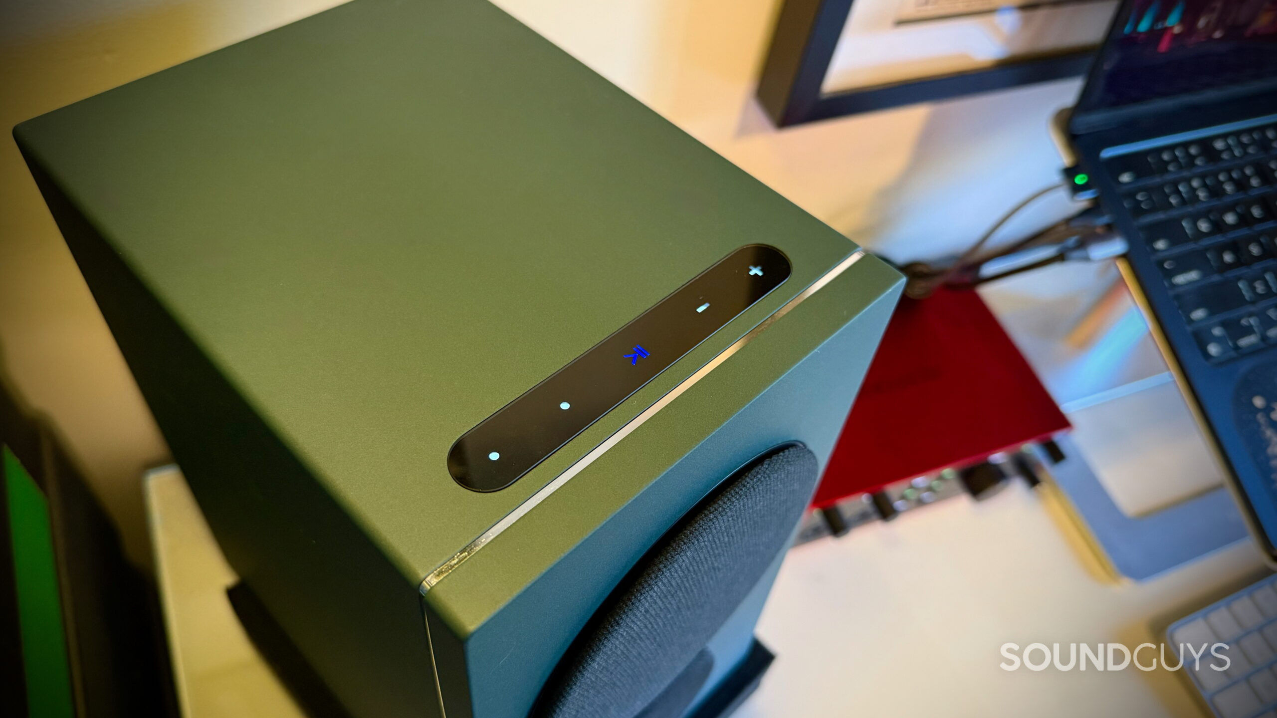 Touch controls on top of a Boreal Green PSB iQ2 powered speaker