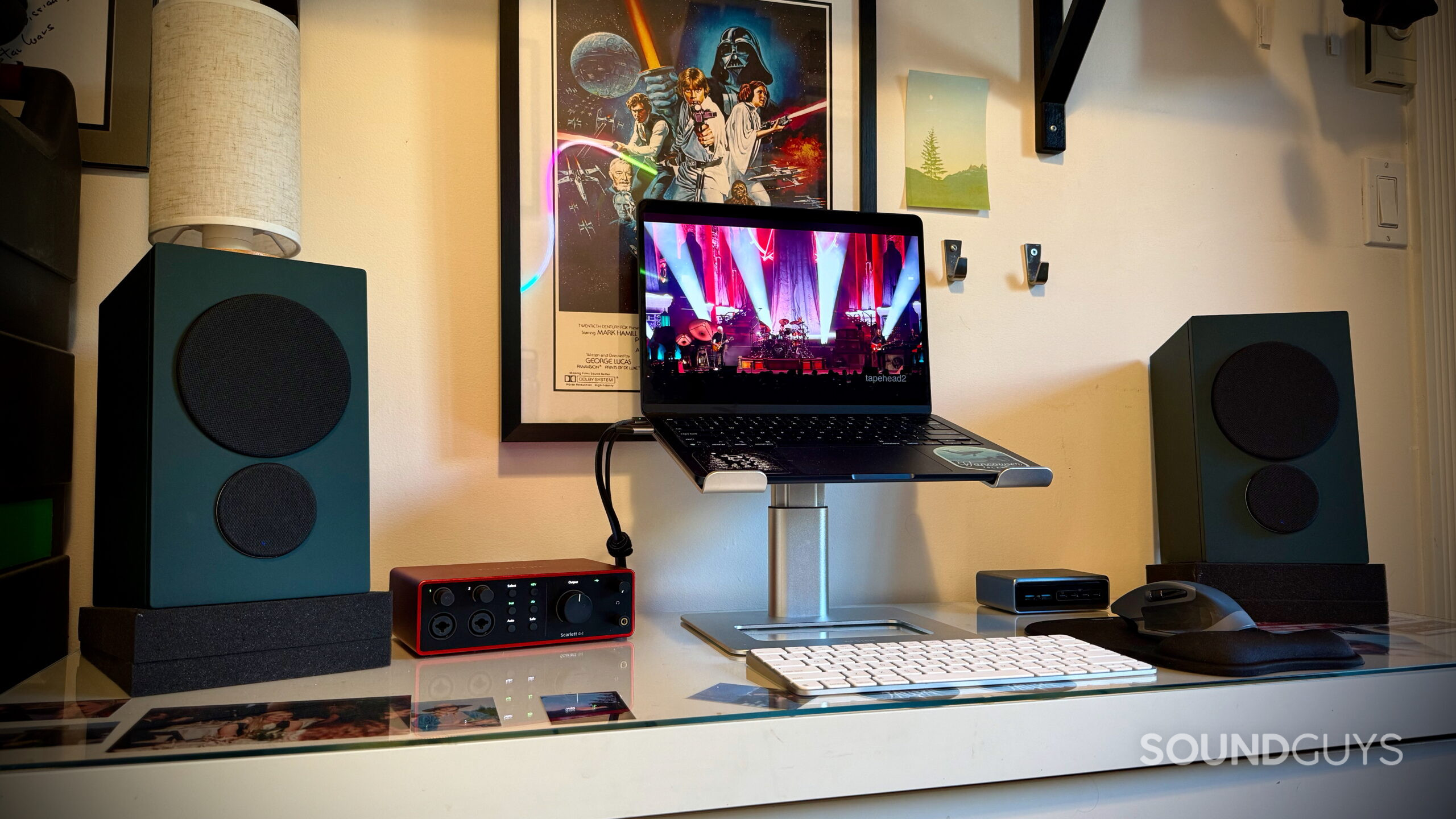 psb iQ2 speakers - 6 PSB iQ2 speakers with grilles installed on a desktop beside a laptop and Focusrite Scarlett 4i4