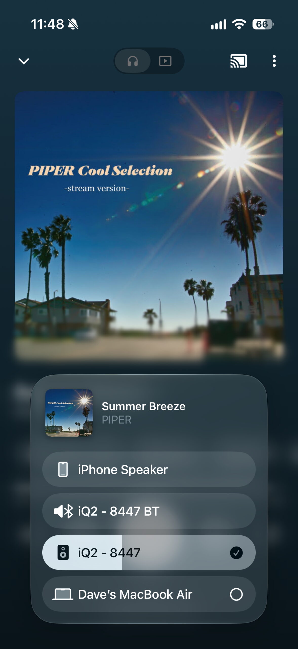 iPhone AirPlay menu showing the PSB iQ2 speakers as an audio output