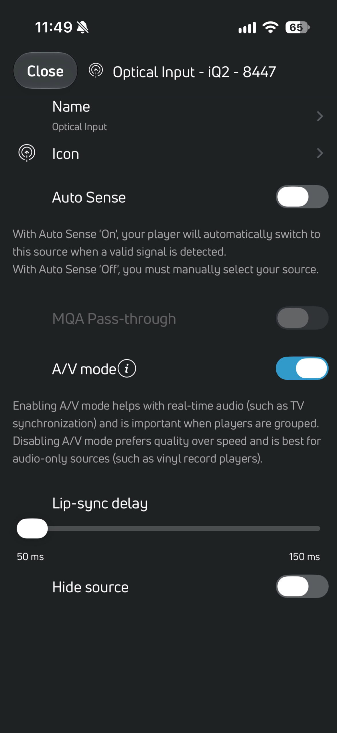 BluOS Controller app showing A/V mode and lip-sync delay settings for the PSB iQ2