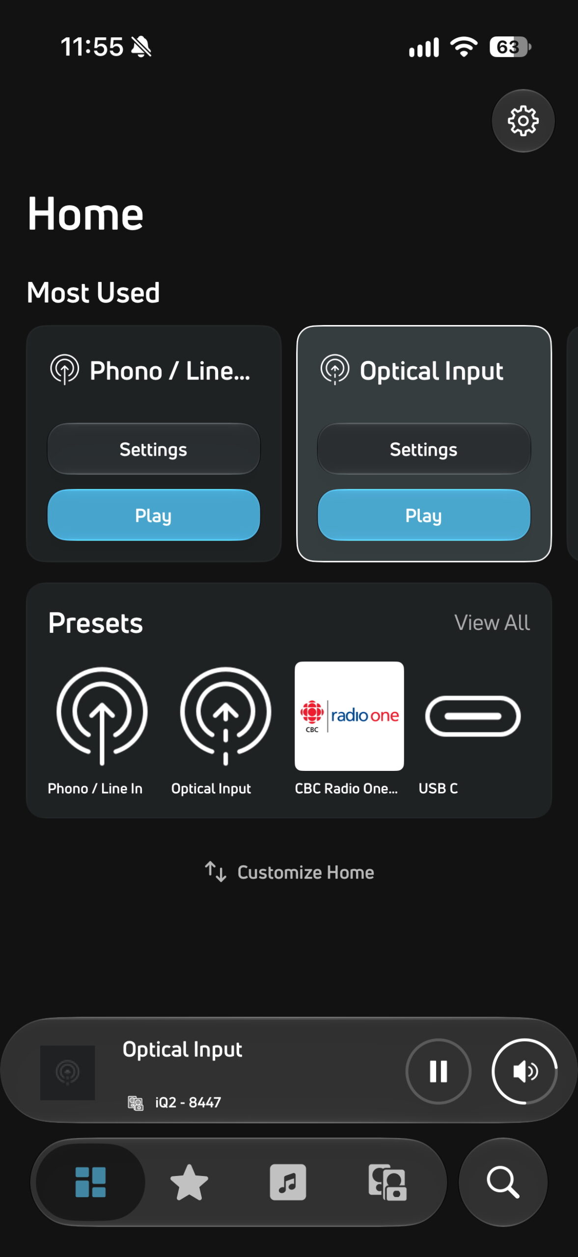 BluOS Controller app home screen showing input options for the PSB iQ2 speakers