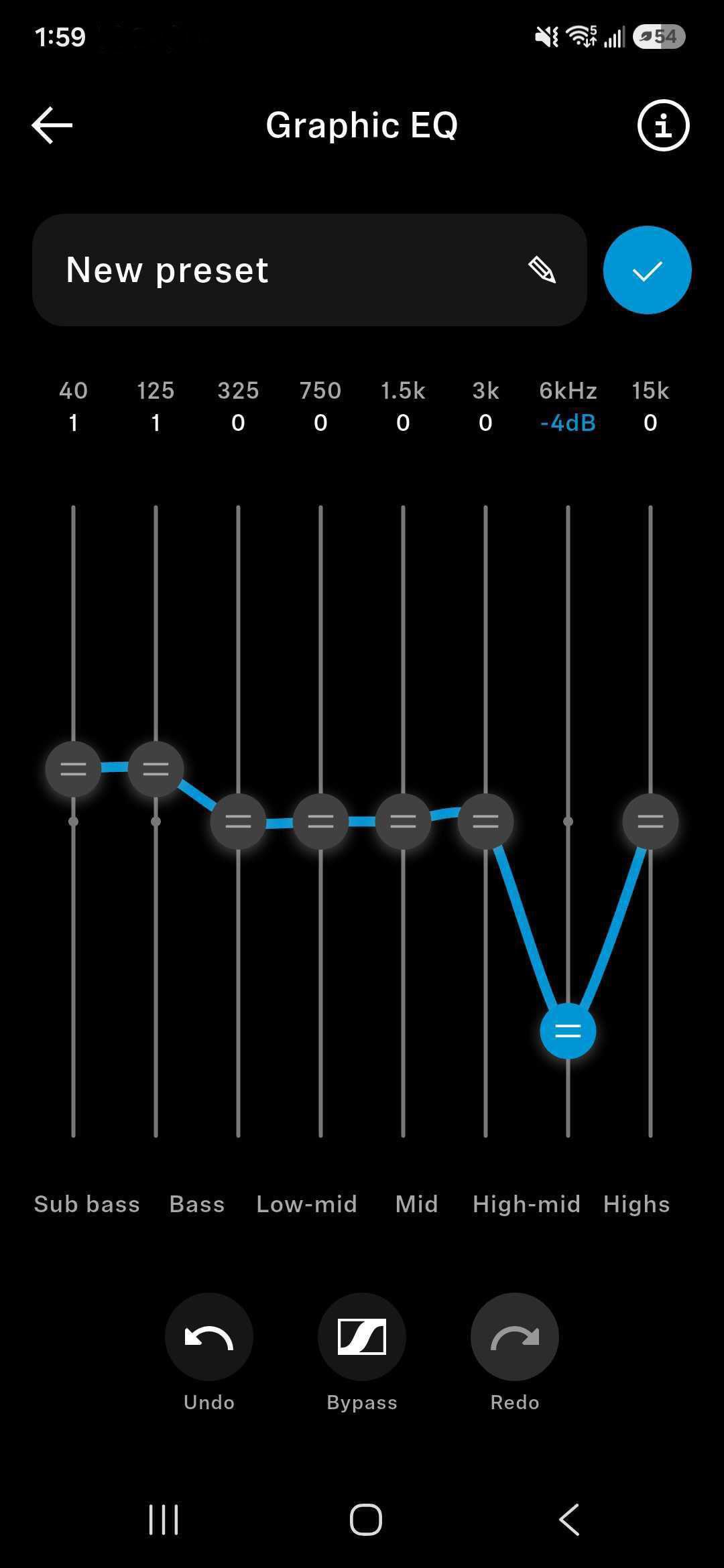 A screenshot of the Sennheiser Smart Control Plus app's EQ sliders.